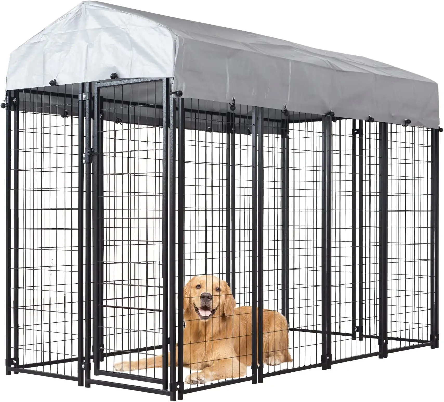 HITTITE Large Outdoor Dog Kennel. Heavy Duty Outdoor Fence Dog Cage. Anti-Rust Dog Pens Outdoor Dog Fence with Waterproof UV-Resistant Cover and Secure Lock for Backyard.8'L x4' W x 6'H .Black