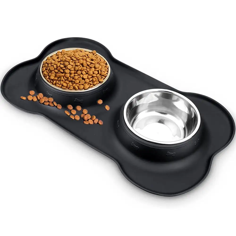 HKEEY Dog Bowls. Double Dog and Cat Bowls with Anti-Overflow and Anti-Skid Food Mat. Small Dog and Cat Feeding Water and Bowls. 14.00 x 8.20 x 1.10 Inches