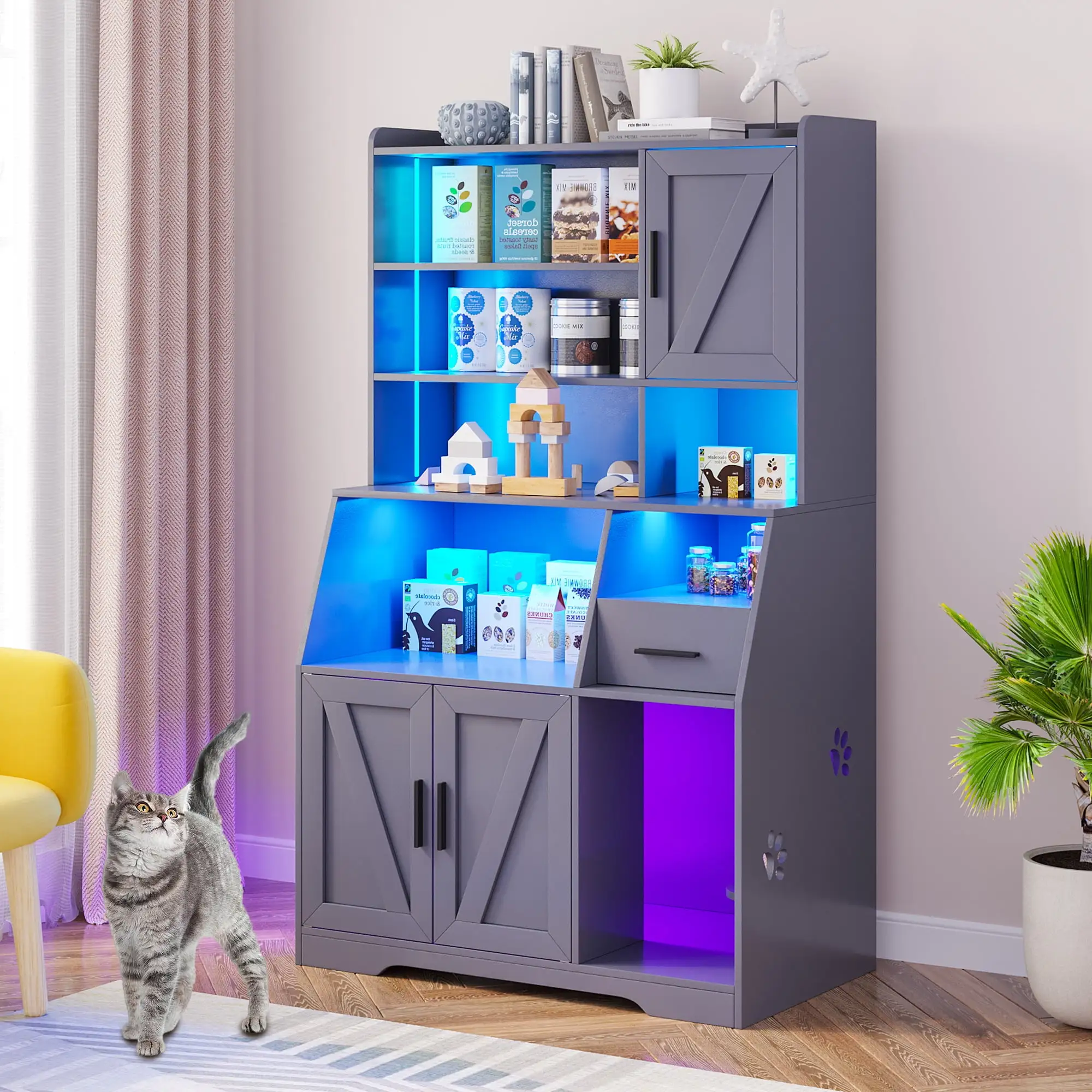 HNEBC Litter Box Enclosure with 4 Storage Shelves and 2 Drawers. Litter Box Furniture with Cat Door. 4-in-1 Hidden Cat Litter Box Enclosure Furniture with USB Port.Multilayer Storage