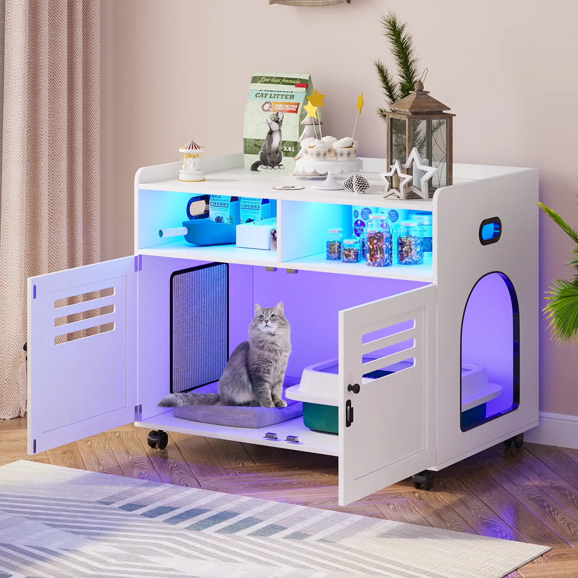 HNEBC Litter Box Enclosures. Litter Box Enclosure Furniture. Hidden Litter Box Furniture. Cat Cage has 2 Open Drawers. Wooden Cat House