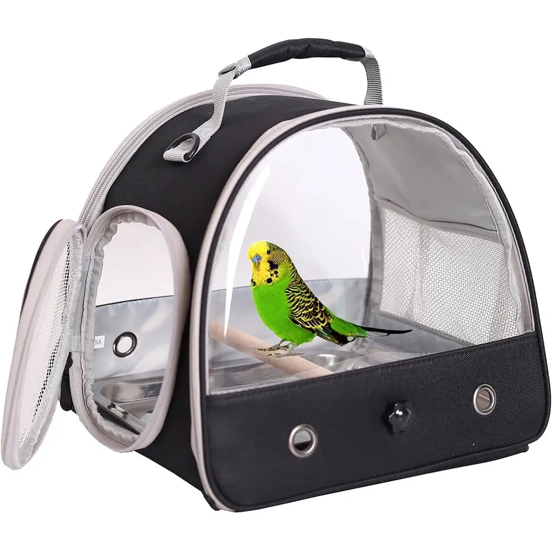 Halinfer Small Bird Cage. Portable Small Bird Parrot Parakeet Carrier with Standing Perch and Stainless Steel Tray. Side Access Window Collapsible Black