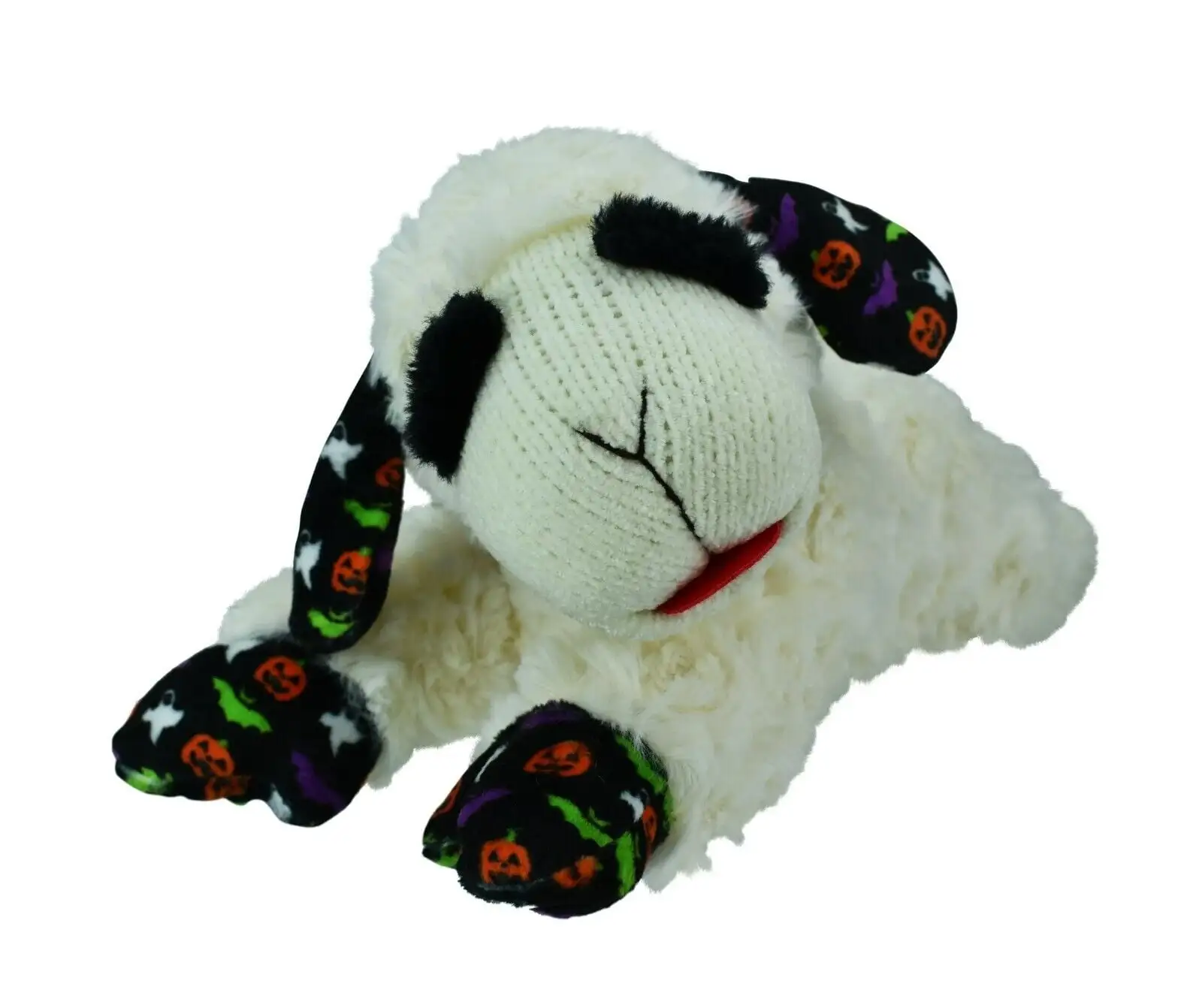 Halloween Plush Lamb Chop Dog Toy with Colored Witch Hat or Spooky Pattern Ears (10 inch Spooky Pattern)