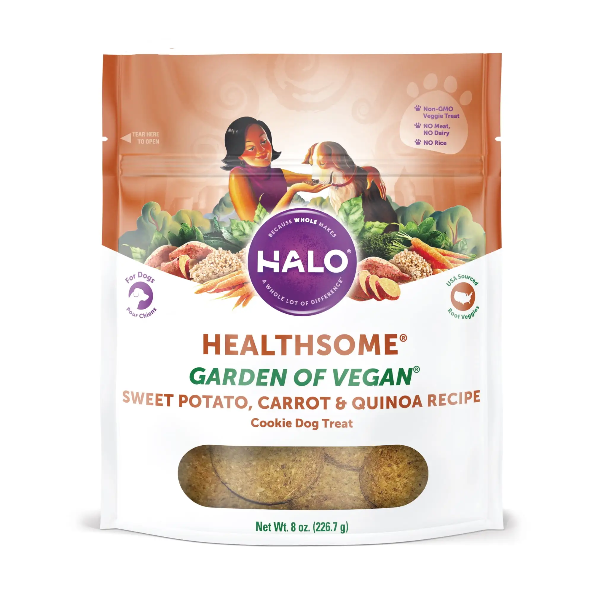 Halo Healthsome Garden of Vegan Grain-Free Natural Crunchy Dog Treats. Sweet Potato. Carrot. Quinoa Recipe. 8 Oz. Bag