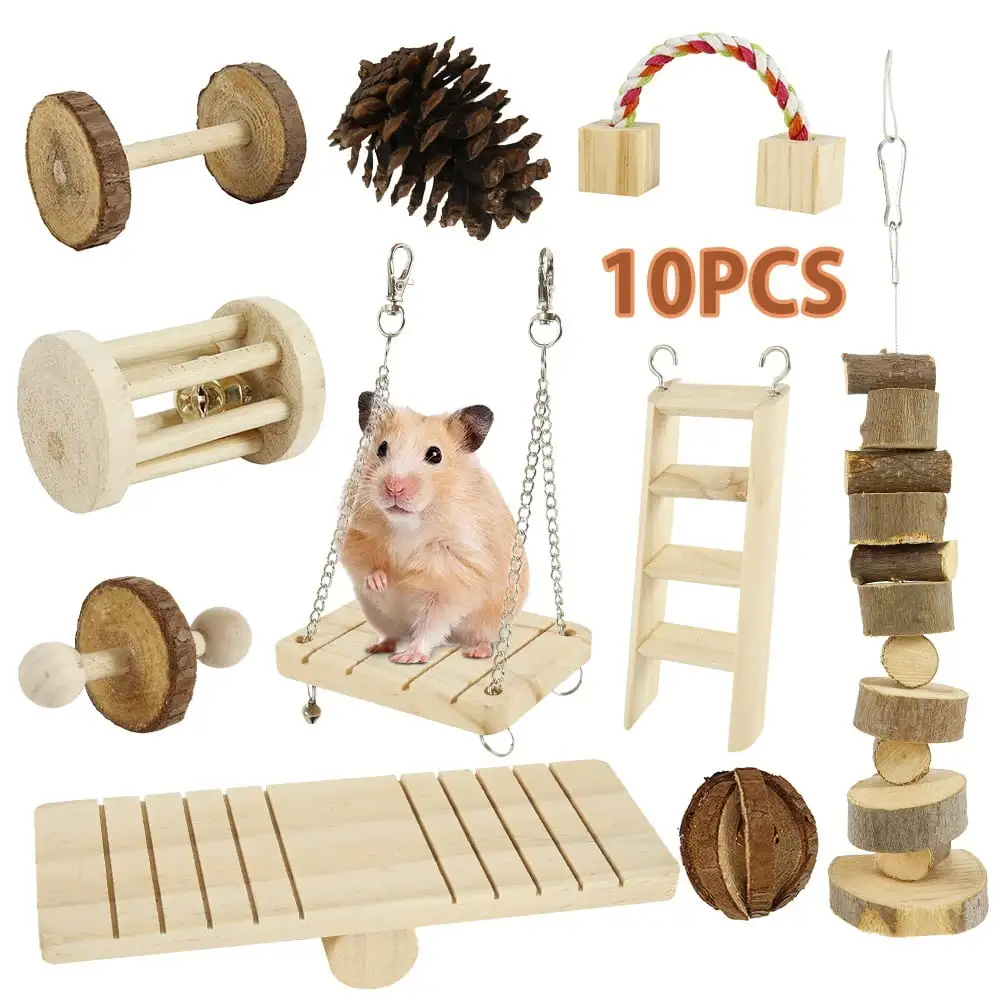 Hamster Chew Toys. Rabbit Gerbil Chew Toys for Teeth. Climbing Ladder. Seesaw. Bell Roller .10 Pack