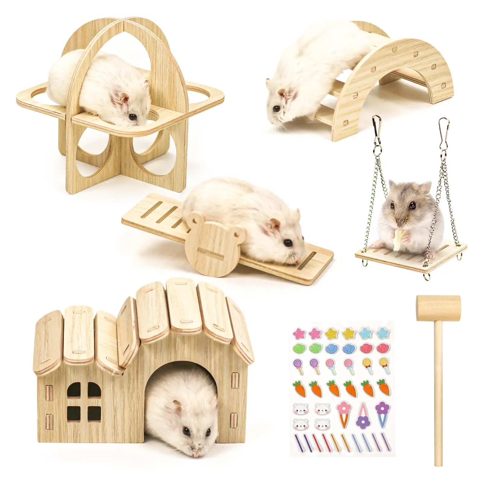 Hamsters House DIY Wooden Gerbil Hideout Bridge Swing and Chinchilla Seesaw. Pet Sport Exercise Toys Set. Sugar Glider Syrian Hamster Cage Accessories. Suitable for Small Animal