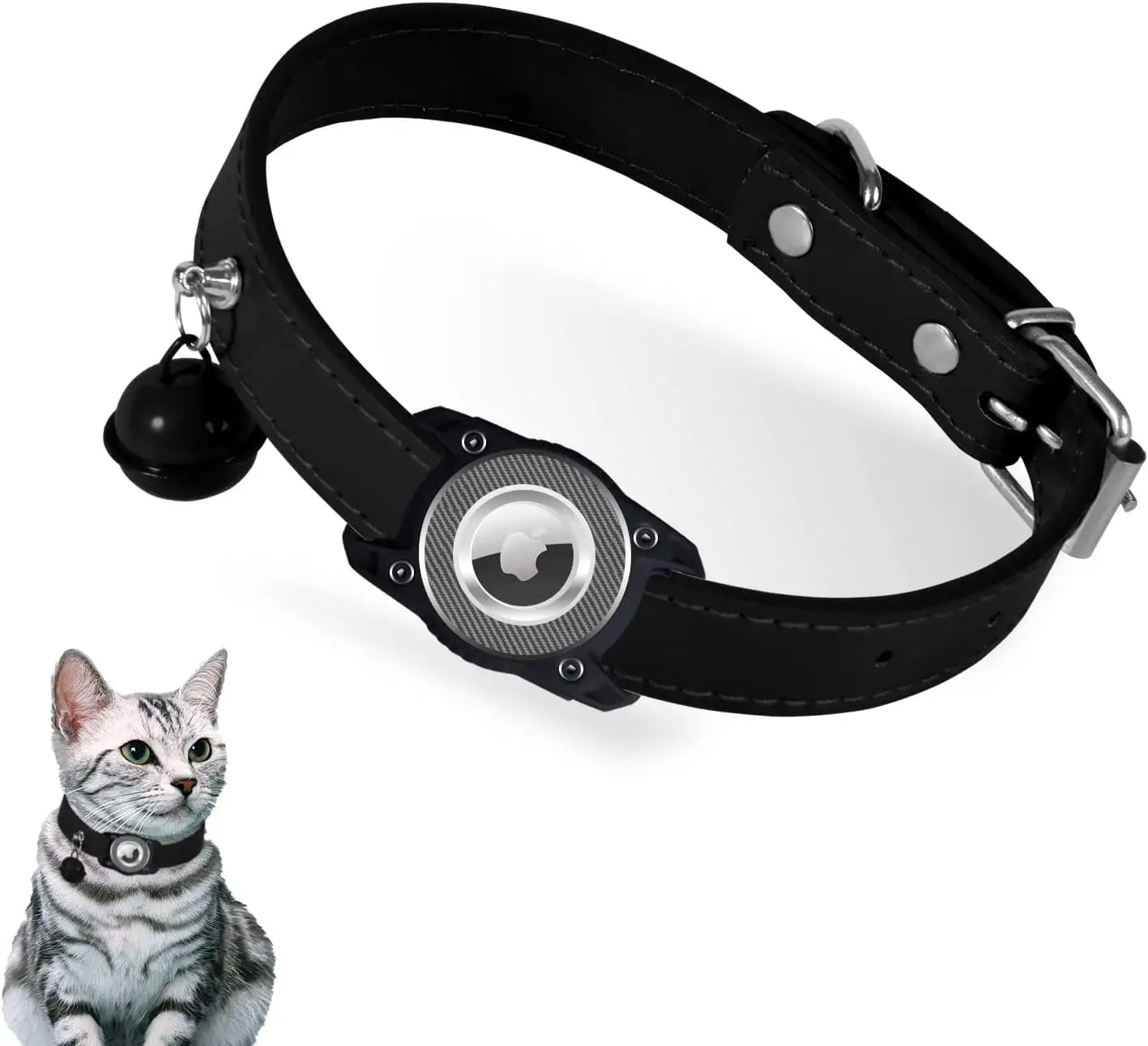 Haobuy Airtag Cat Collar with Bell and Silicone Air Tag Holder Leather GPS Collar Adjustable for Cats Kittens Gifts-Black