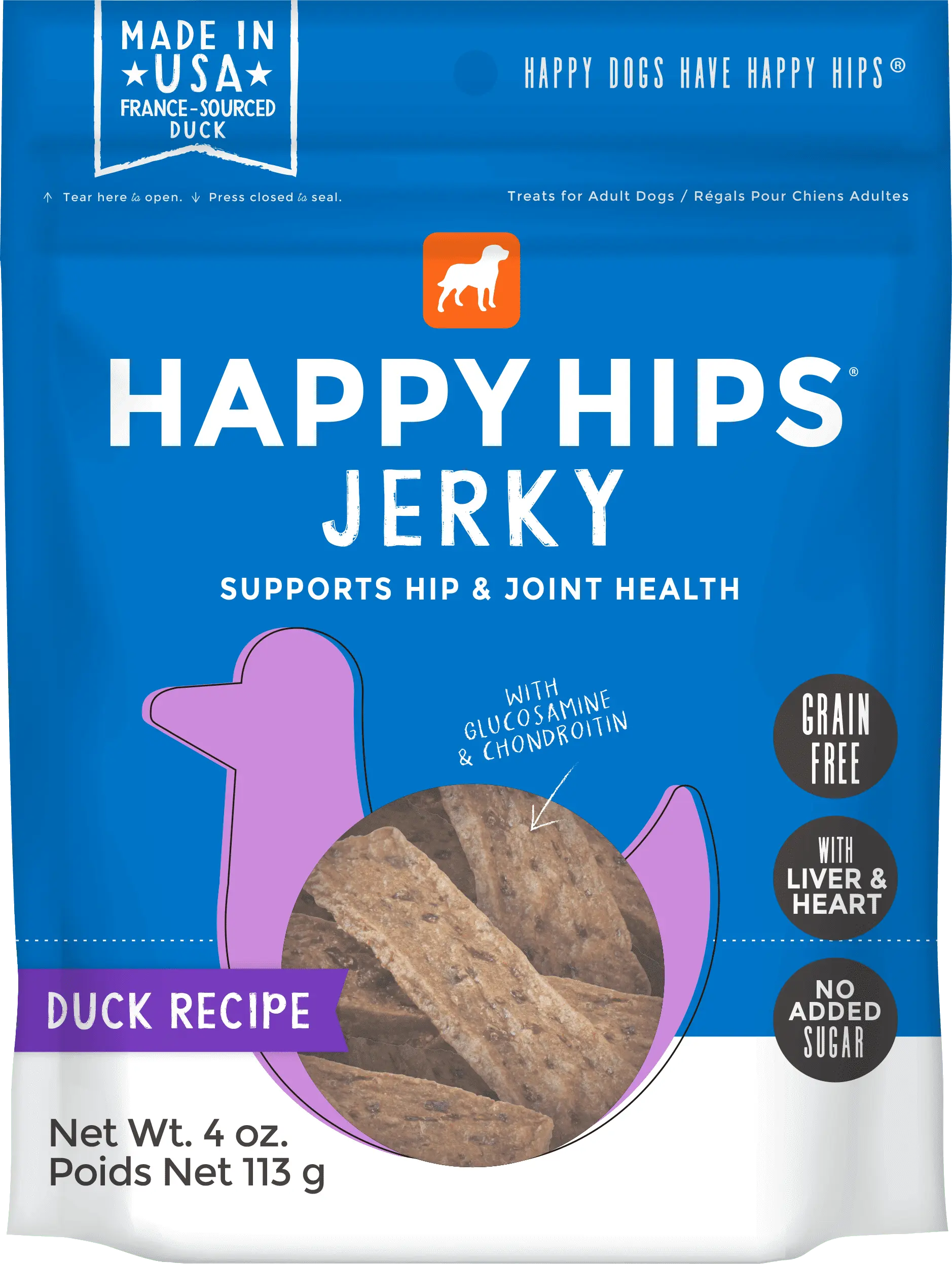 Happy Hips Healthy Grain-Free Jerky Meat Dog Treats - Duck - - 4 oz.