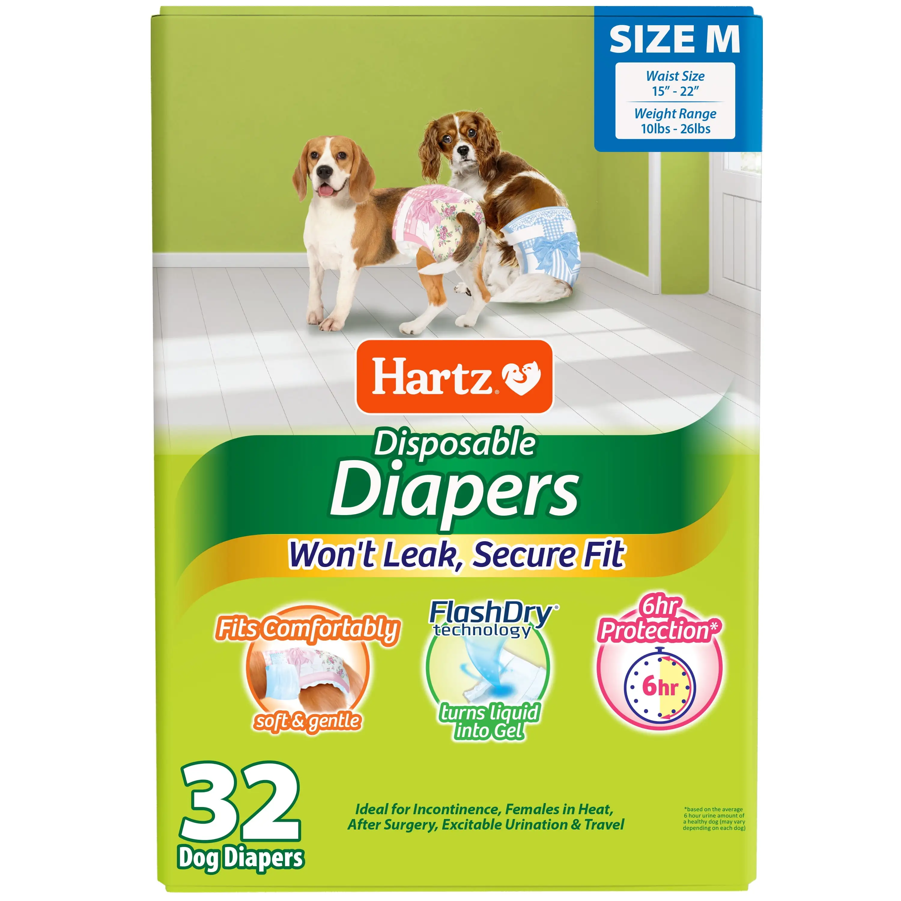 Hartz Disposable Dog Diapers for Female and Male Dogs or Puppies | Superior Leak Proof Protection | Size M | Pack of 32