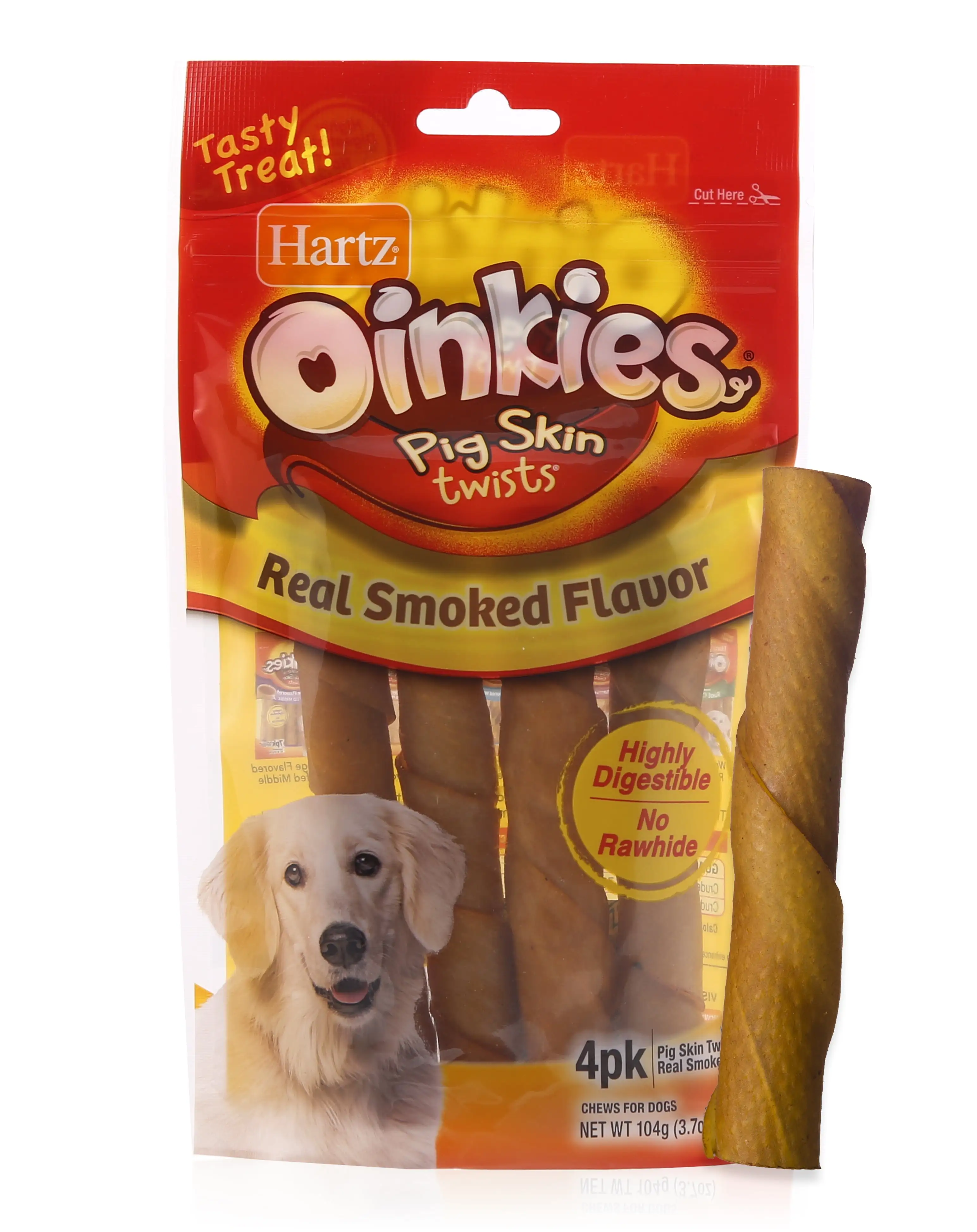 Hartz Oinkies Rawhide-Free Pig Skin Twists Real Smoked Flavor Dog Treats. 4 Count. 3.8 oz