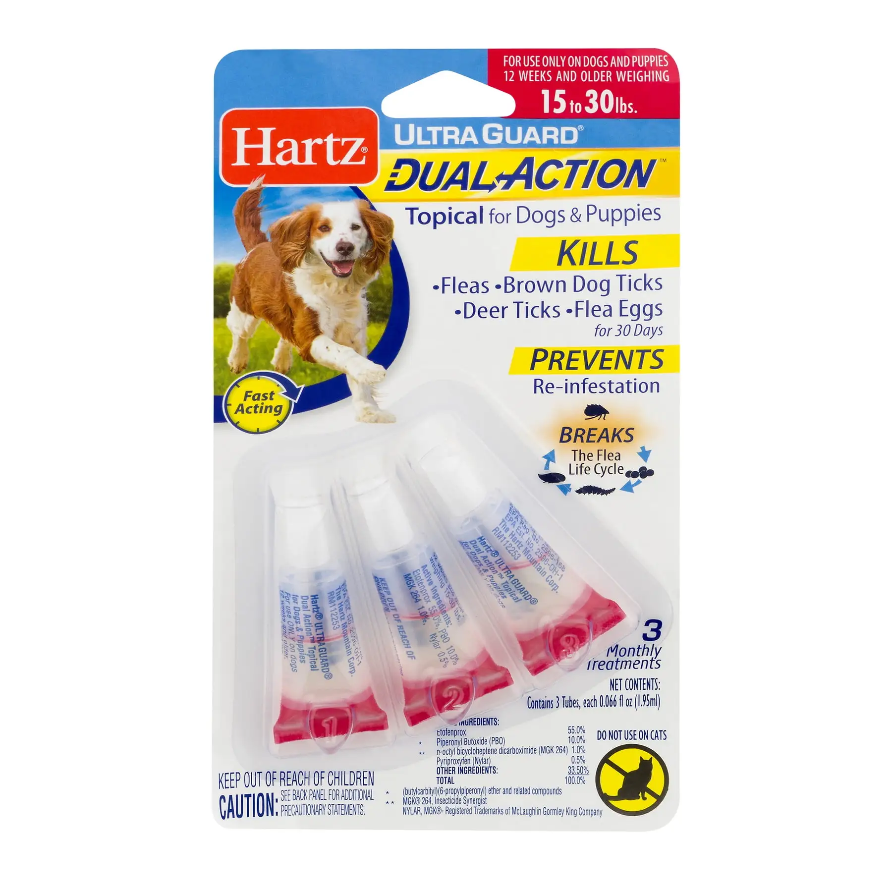 Hartz UltraGuard Dual Action Flea & Tick Topical for Medium Dogs 15-30lbs. 3 Monthly Treatments