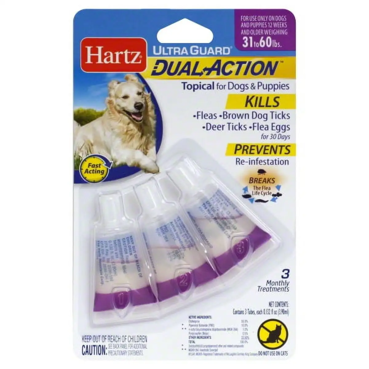 Hartz UltraGuard Dual Action Flea and Tick Topical for Large Dogs 31-60lbs. 3 Monthly Treatments