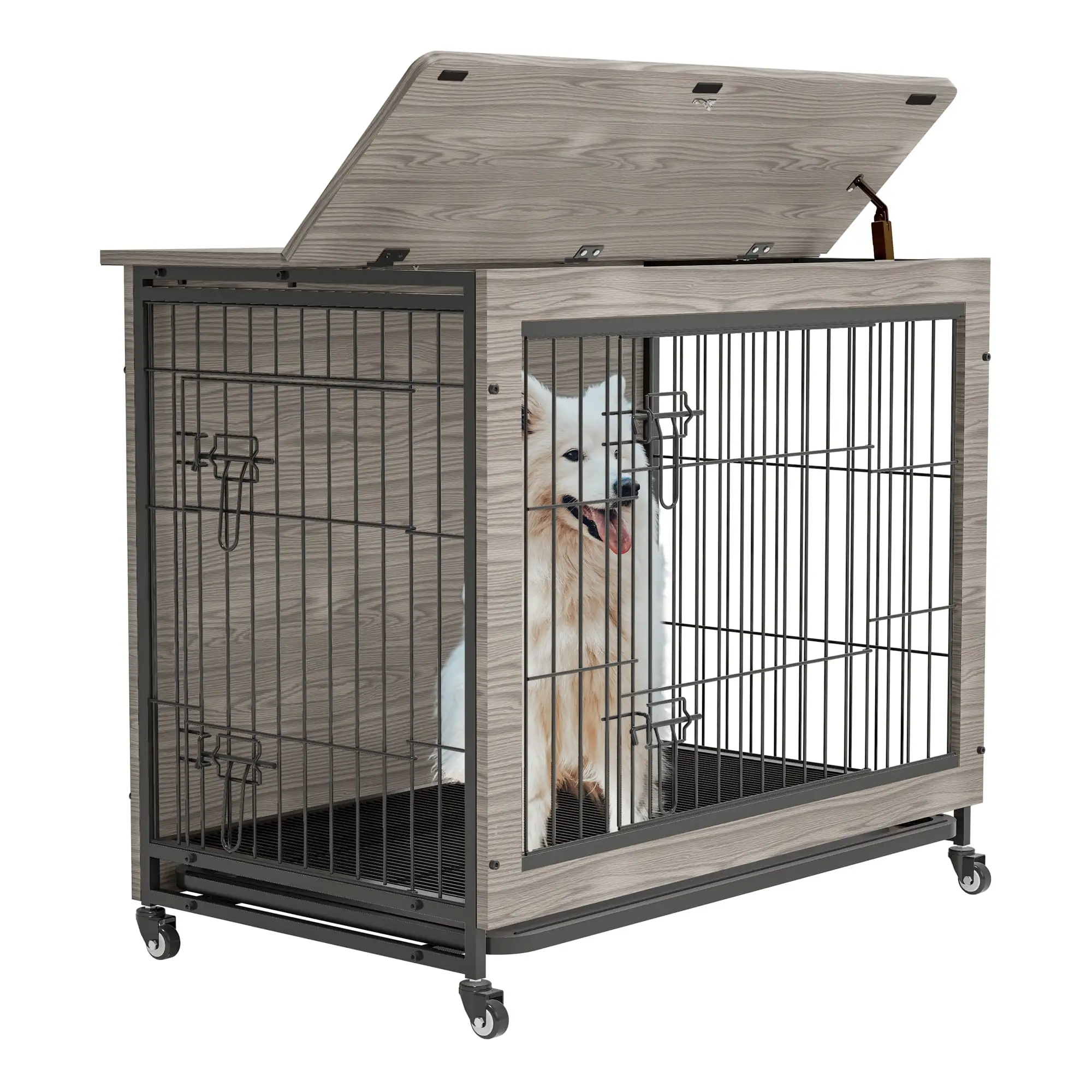 Hassch Moveable Dog Crate Furniture. Large Dog Kennel. 38W ooden Pet Furniture with Pull-Out Tray. Home and Indoor Use. Double Door Modern Side End Table with Wheels for Medium/Large/Small Dog. Gray