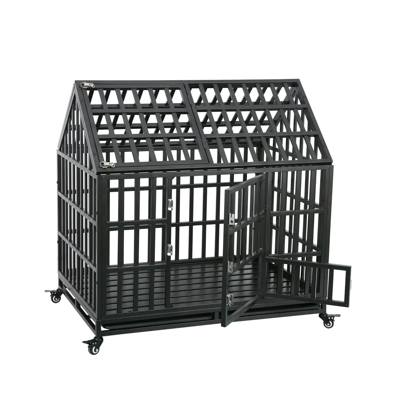 Heavy Duty 43 Dog Crate. Indestructible Dog Crate Kennels for Medium Large Dogs with Top Door and 4 Lockable Wheels. So Easy to Assemble. Black