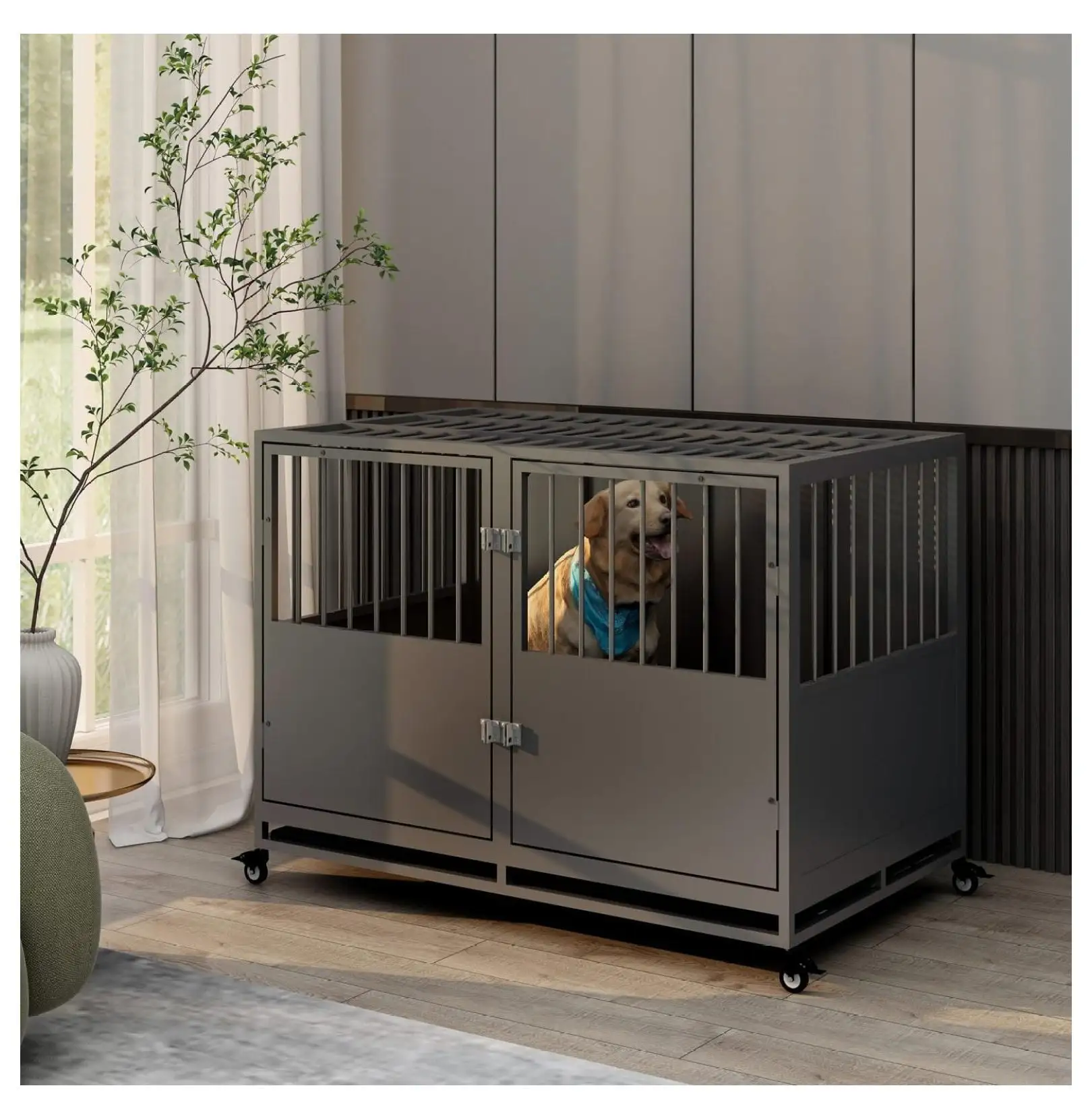 Heavy Duty Dog Cage Crate Kennel Playpen. Large Strong Metal for Small Medium Large Dogs and Pets. Easy to Assemble with Prevent Escape Locks and Removable Trays. 44''/Silver