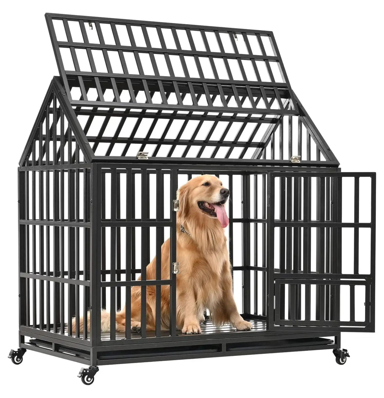 Heavy Duty Dog Cage Crate Kennel Playpen. Large Strong Metal for Small Medium Large Dogs and Pets. Easy to Assemble with Prevent Escape Locks and Removable Trays. 47''/Black