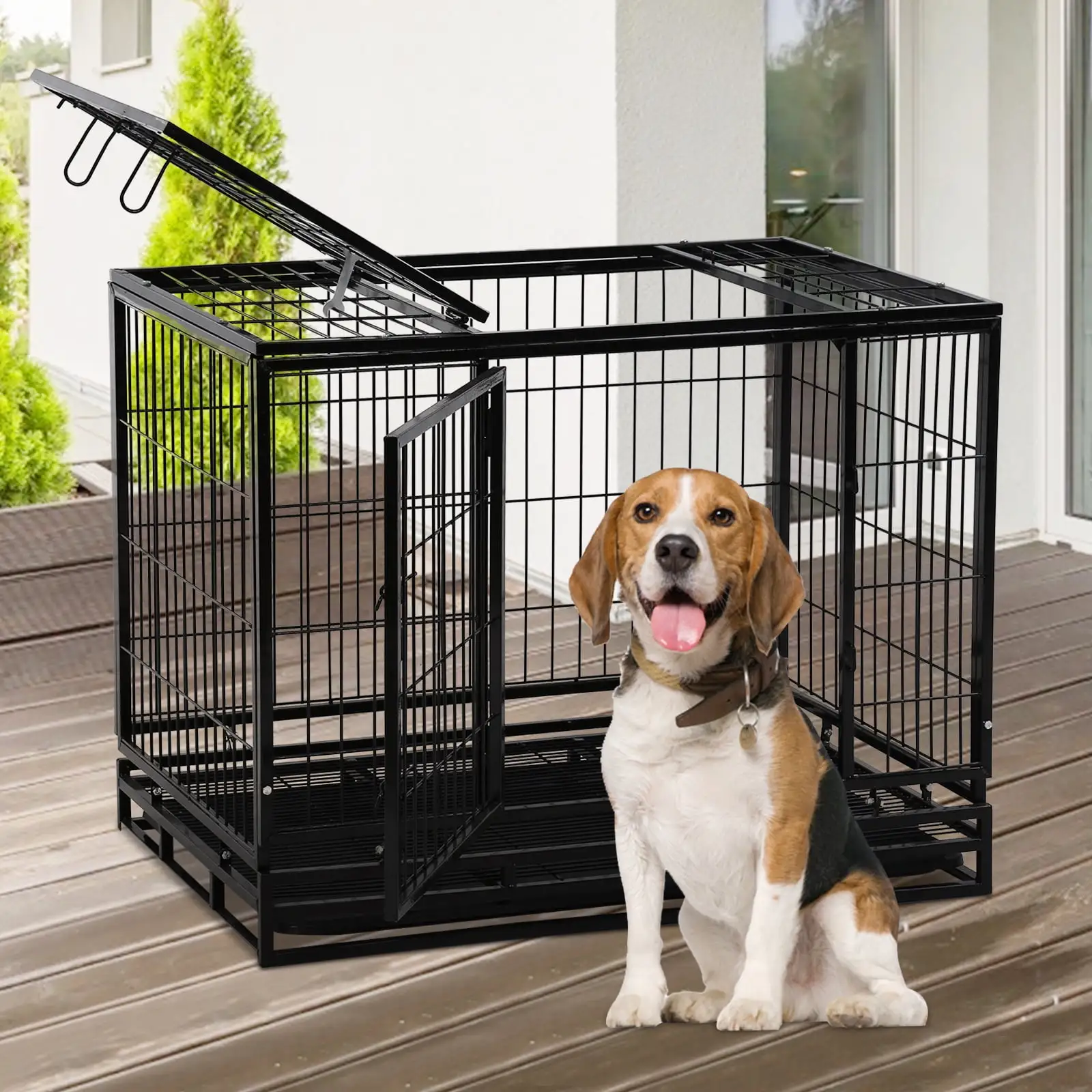 Heavy Duty Dog Crate. 42 Inch Metal Dog Crate with Removable Tray. Dog Cage for Large Dogs with Lockable Wheels. Escape Proof Strong Dog Kennel Indoor & Outdoor