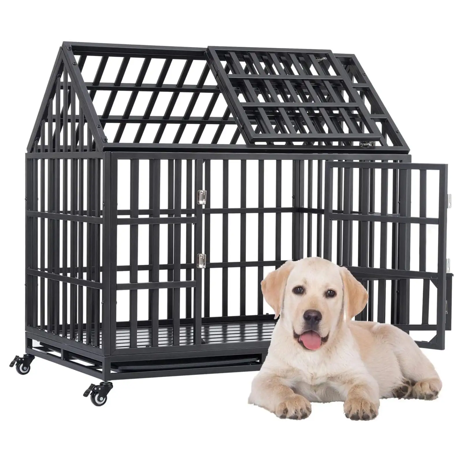 Heavy Duty Dog Crate Dog Cage. Indestructible Metal Dog Kennel Lockable for Medium Large Dogs with Sturdy Door Lock and Removable Trays. Roof Top Access. 44 Inch