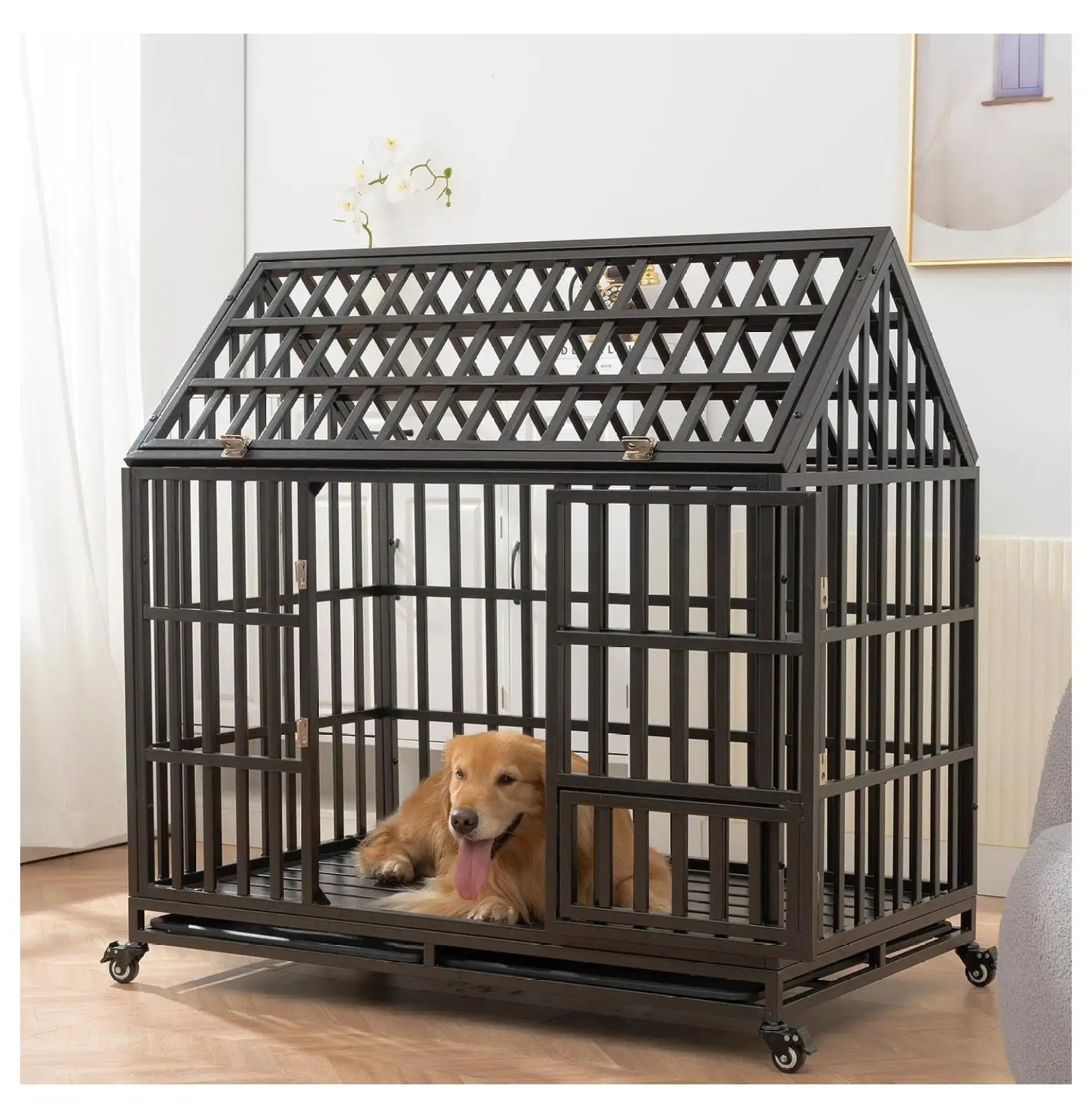 Heavy Duty Dog Crate Dog Cage. Indestructible Metal Dog Kennel Lockable for Medium Large Dogs with Sturdy Door Lock and Removable Trays. Roof Top Access. 47 Inch