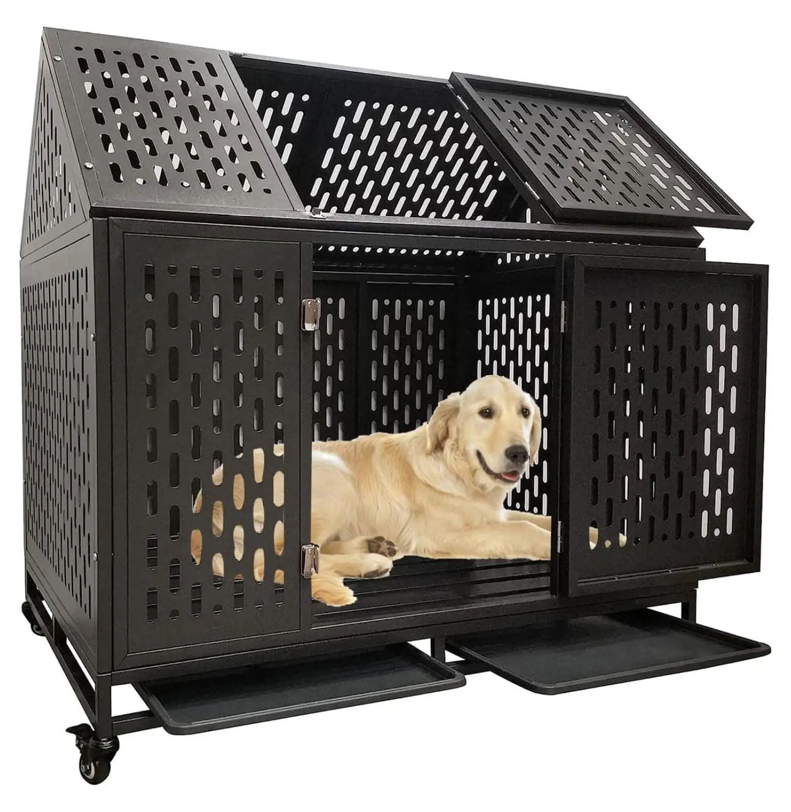 Heavy Duty Dog Crate Cage Kennel. High Anxiety Dog Crate for Large Medium Small Dogs with Sturdy Locks. Four Lockable Wheels