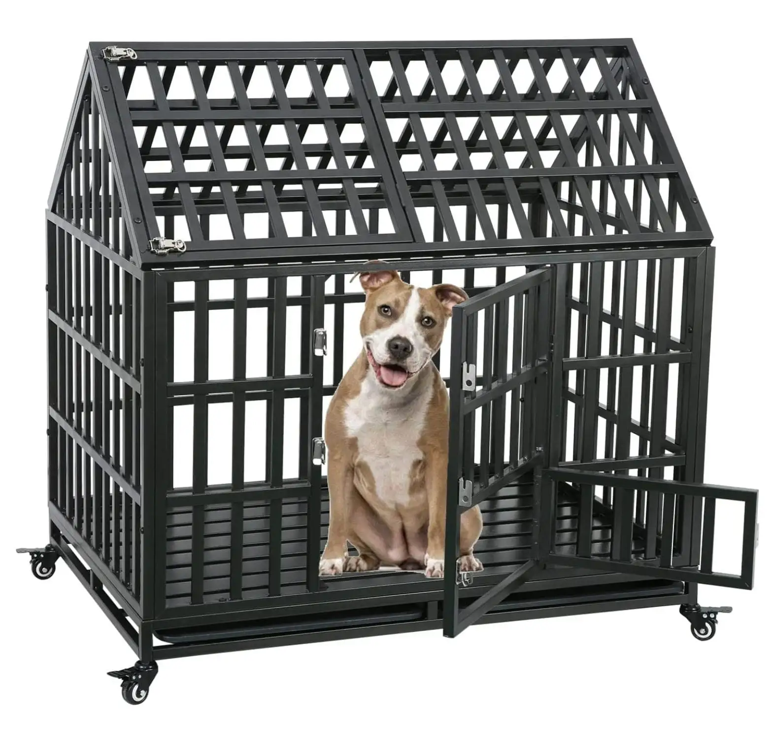 Heavy Duty Dog Crate for Large Dogs. Indestructible Escape Proof Dog Cage Kennel. High Anxiety Double Door Large Cage with Removable Tray and Four Lockable Wheels. 43.3 Inch