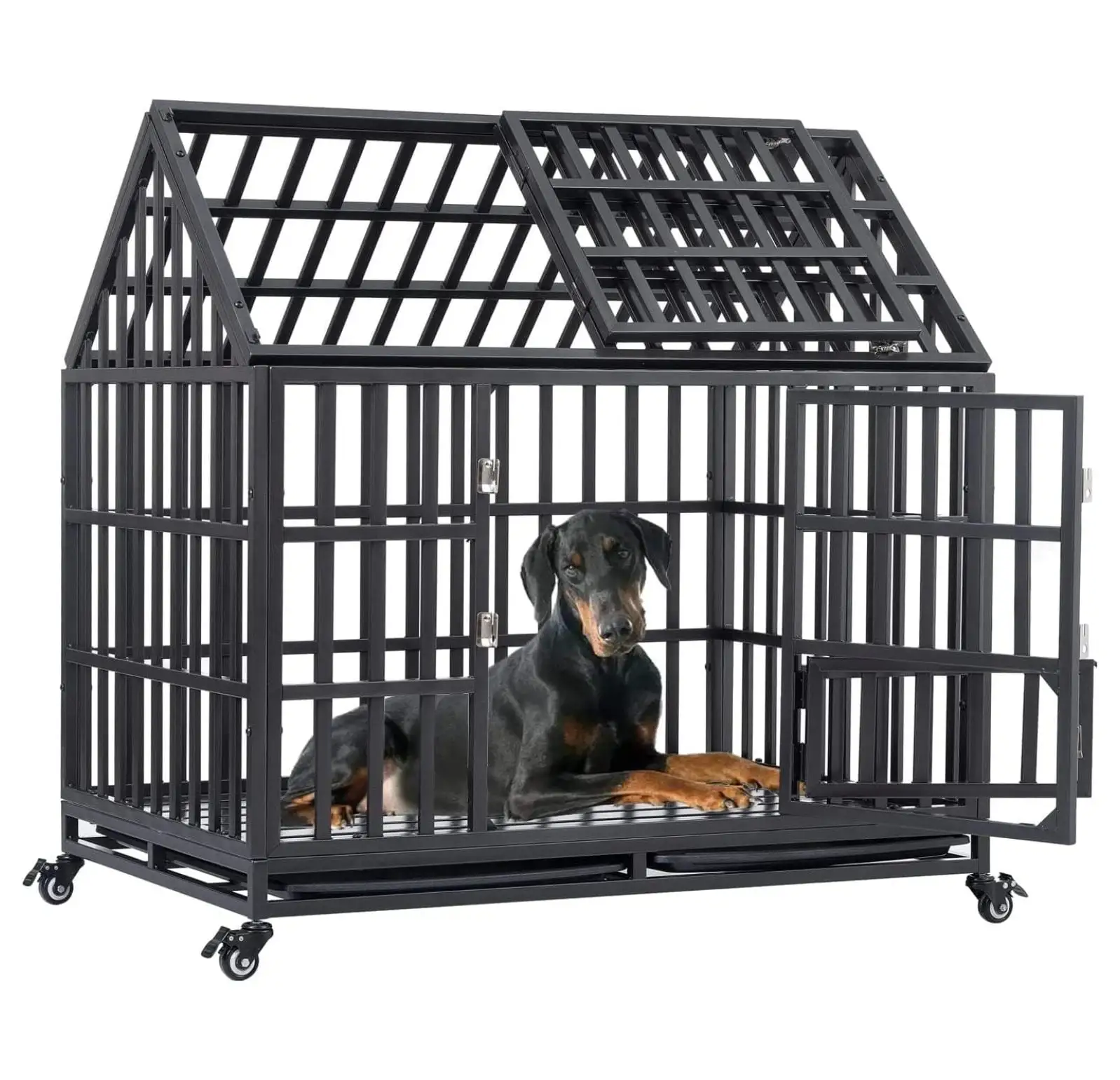 Heavy Duty Dog Crate for Large Dogs. Indestructible Escape Proof Dog Cage Kennel. High Anxiety Double Door Large Cage with Removable Tray and Four Lockable Wheels. 43.3 Inch