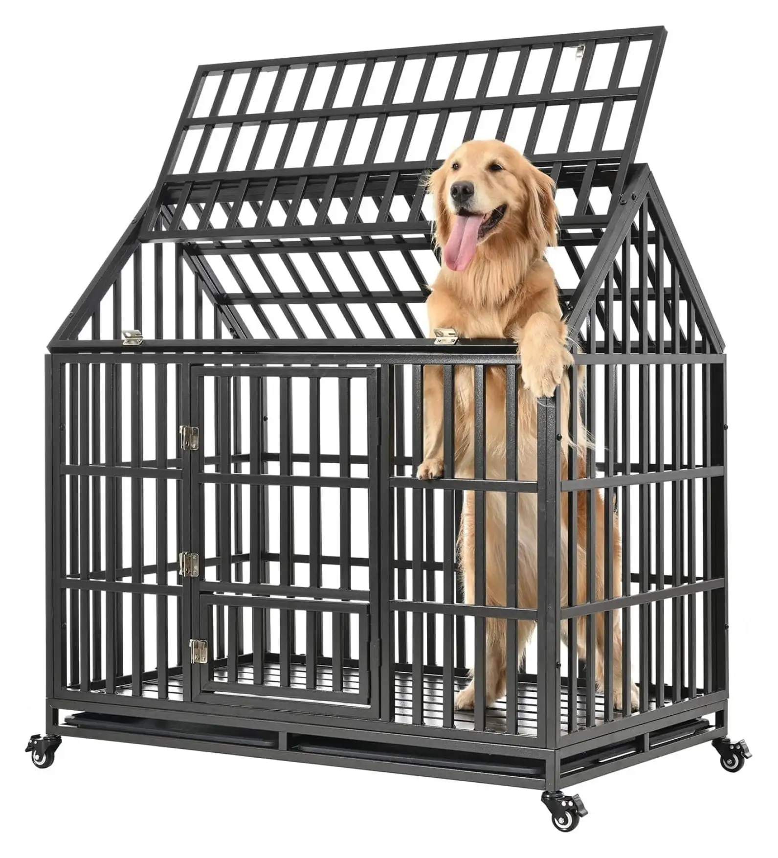 Heavy Duty Dog Crate for Large Dogs. Indestructible Escape Proof Dog Cage Kennel. High Anxiety Double Door Large Cage with Removable Tray and Four Lockable Wheels. 47.2 Inch