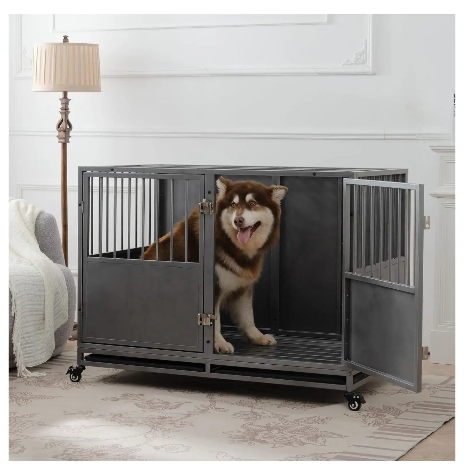 Heavy Duty Dog Crate for Large Dogs. Indestructible Escape Proof Dog Cage Kennel. High Anxiety Large Cage with Removable Tray and Four Lockable Wheels. 47.2''/ Silver