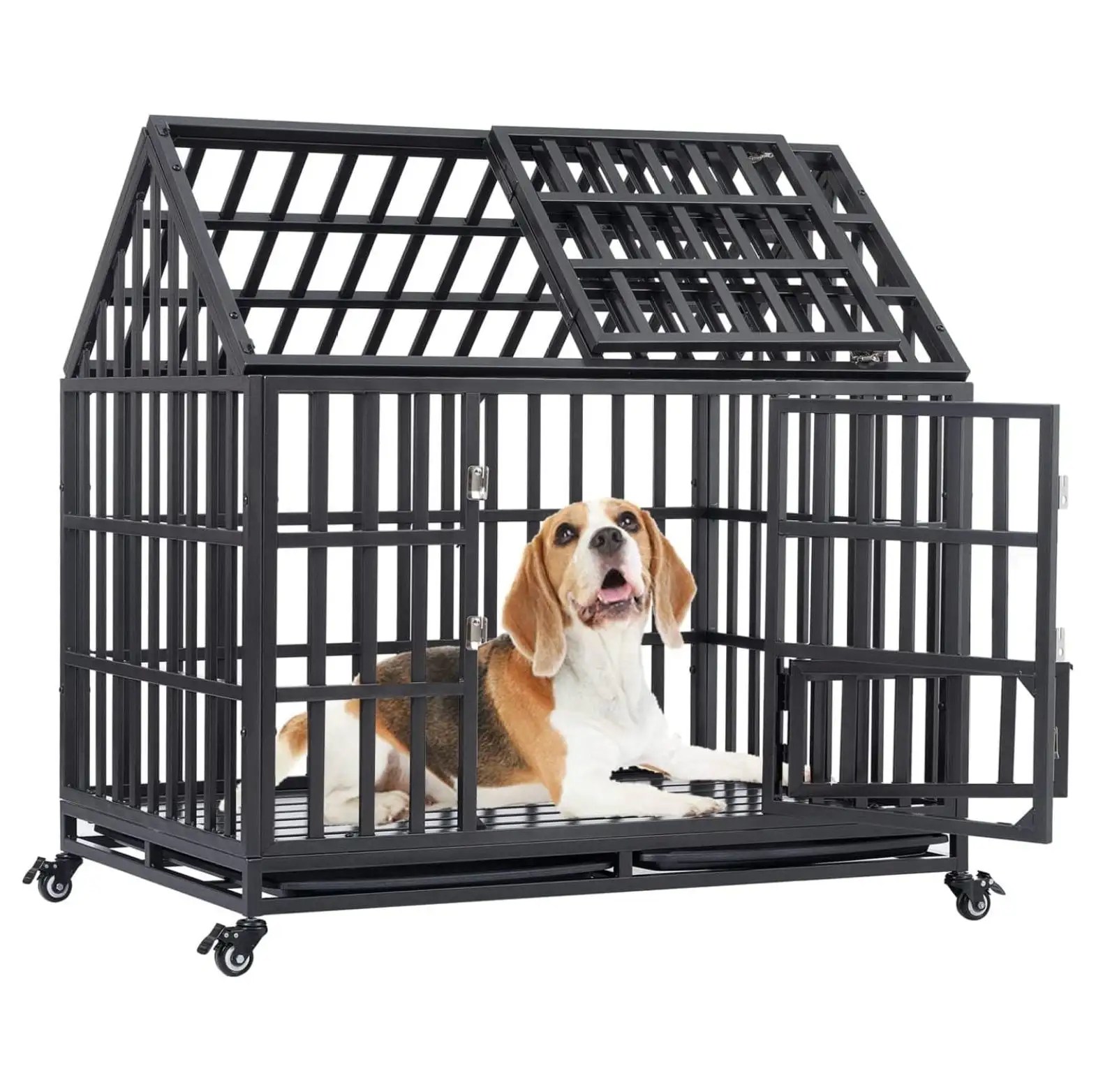 Heavy Duty Dog Crate for Large Dog Cage. Strong Metal Escape Dog Kennels and Crates with Top Door and 4 Lockable Wheels. Easy to Assemble. 44''/Black