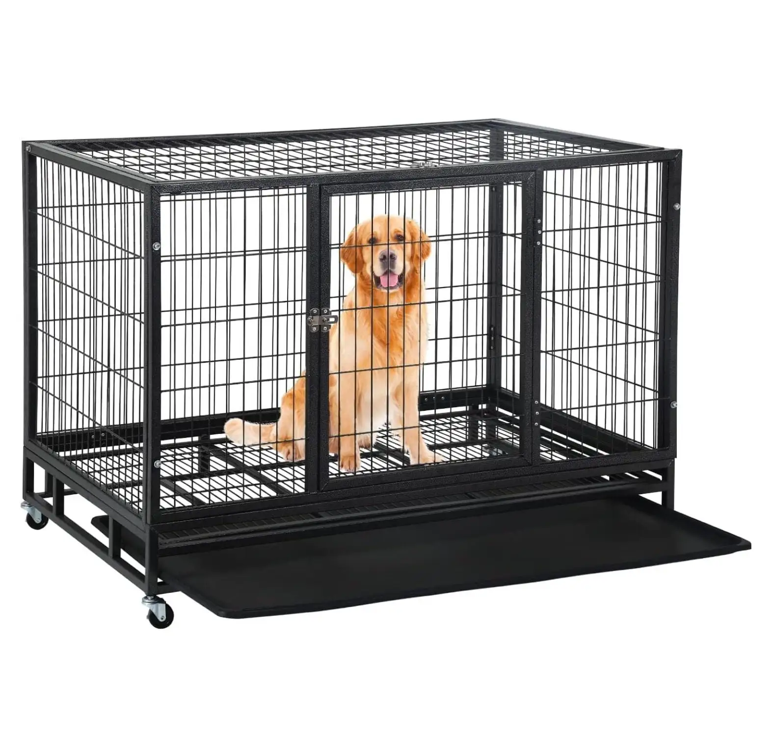 Heavy Duty Dog Crates for Large Dogs. inch Indestructible Dog Crate Metal Wire Dog Kennel Double Door Dog Cage with Lockable Wheels and Plastic Tray for Extra Large XL XXL Dog Indoor Outdoor