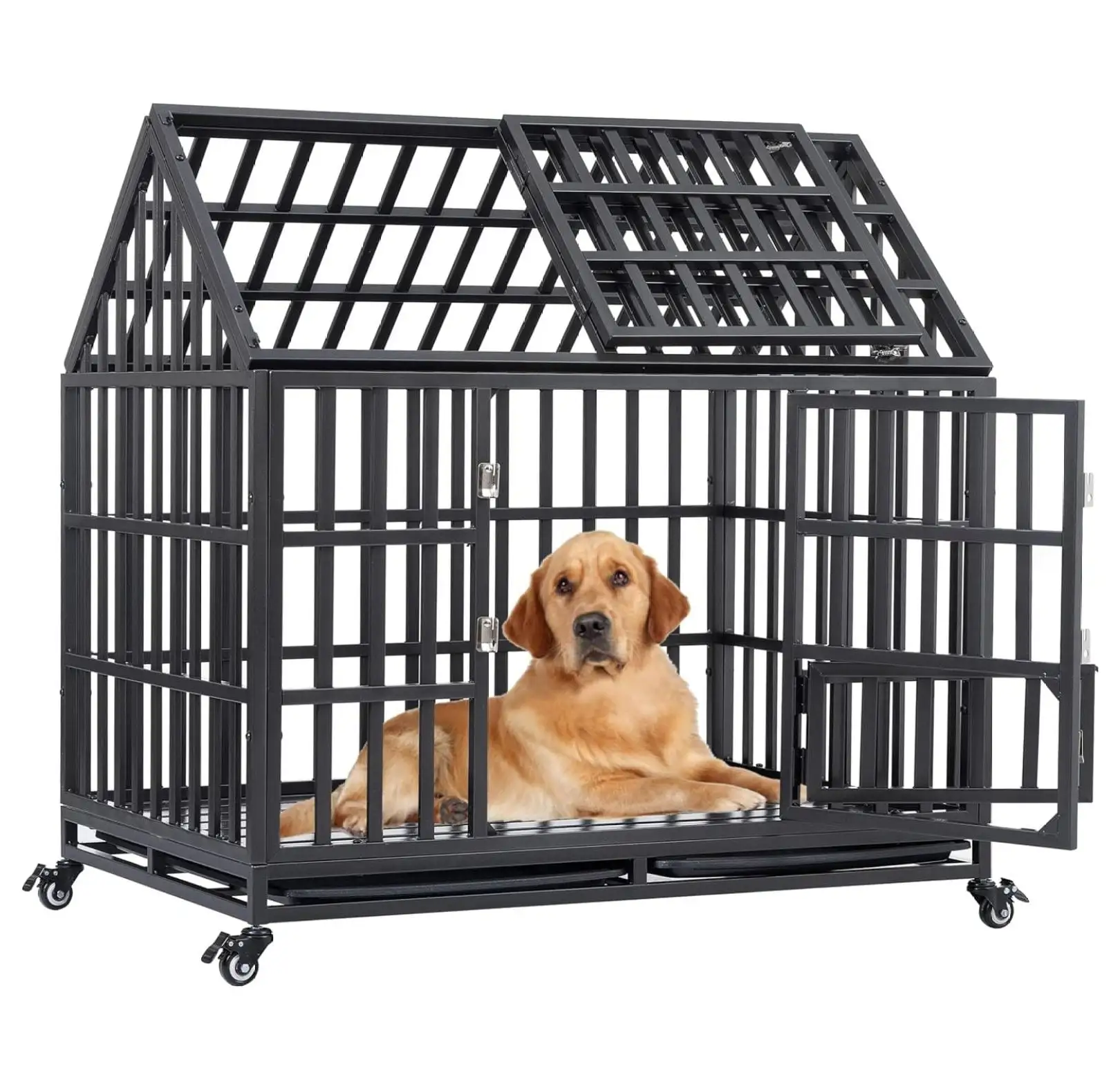 Heavy Duty Indestructible Dog Crate Steel Escape Proof. Indoor Double Door High Anxiety Cage Kennel with Four Lockable Wheels & Removable Tray. 44''/Black