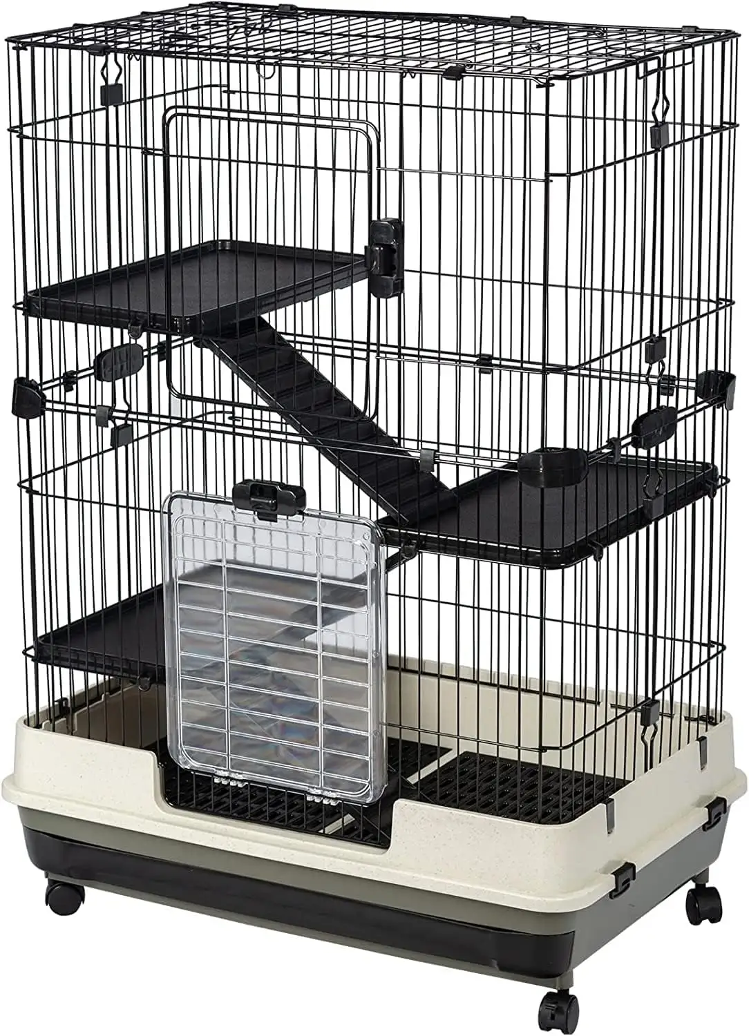 Hforesty 4-Tier 32Small Animal Metal Cage Height Adjustable with Lockable Casters Grilles Pull-out Tray for Rabbit Chinchilla Ferret Bunny Guinea Pig Squirrel Hedgehog. Black