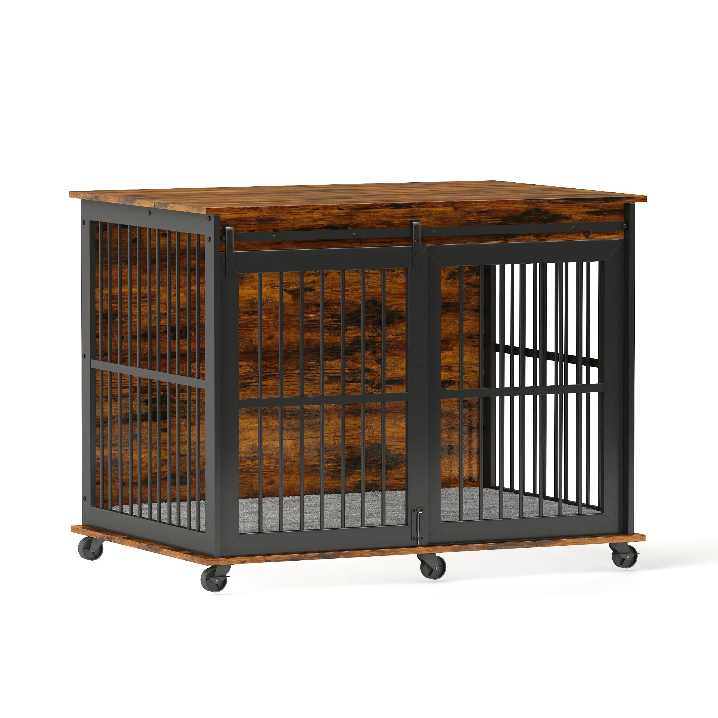 Historyli Go5H Indoor Dog Cage Furniture Type Dog Cage With Sliding Iron Door. Wheels And Mat. Particle Board Top Can Be Opened And Closed Interior Measurement 40''W x 28''D x 30''H