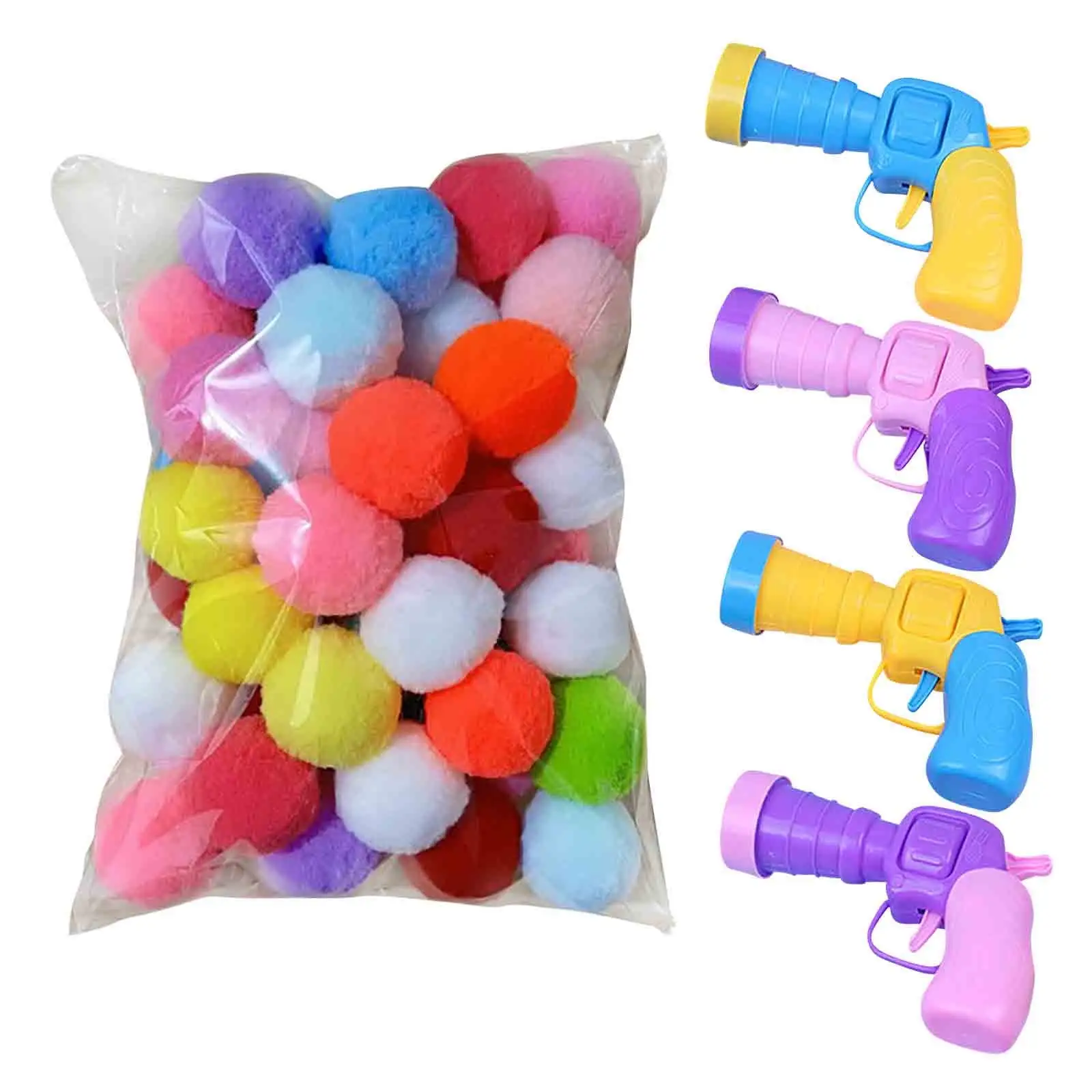 Holloyiver Premium Soft Pom Balls launcher for Kittens - Lightweight. Interactive. Assorted Colors - Plush Toy Balls for Kitten Training and Play - Pet Products for Cats (50PCS 3 CM with Ball Gun)