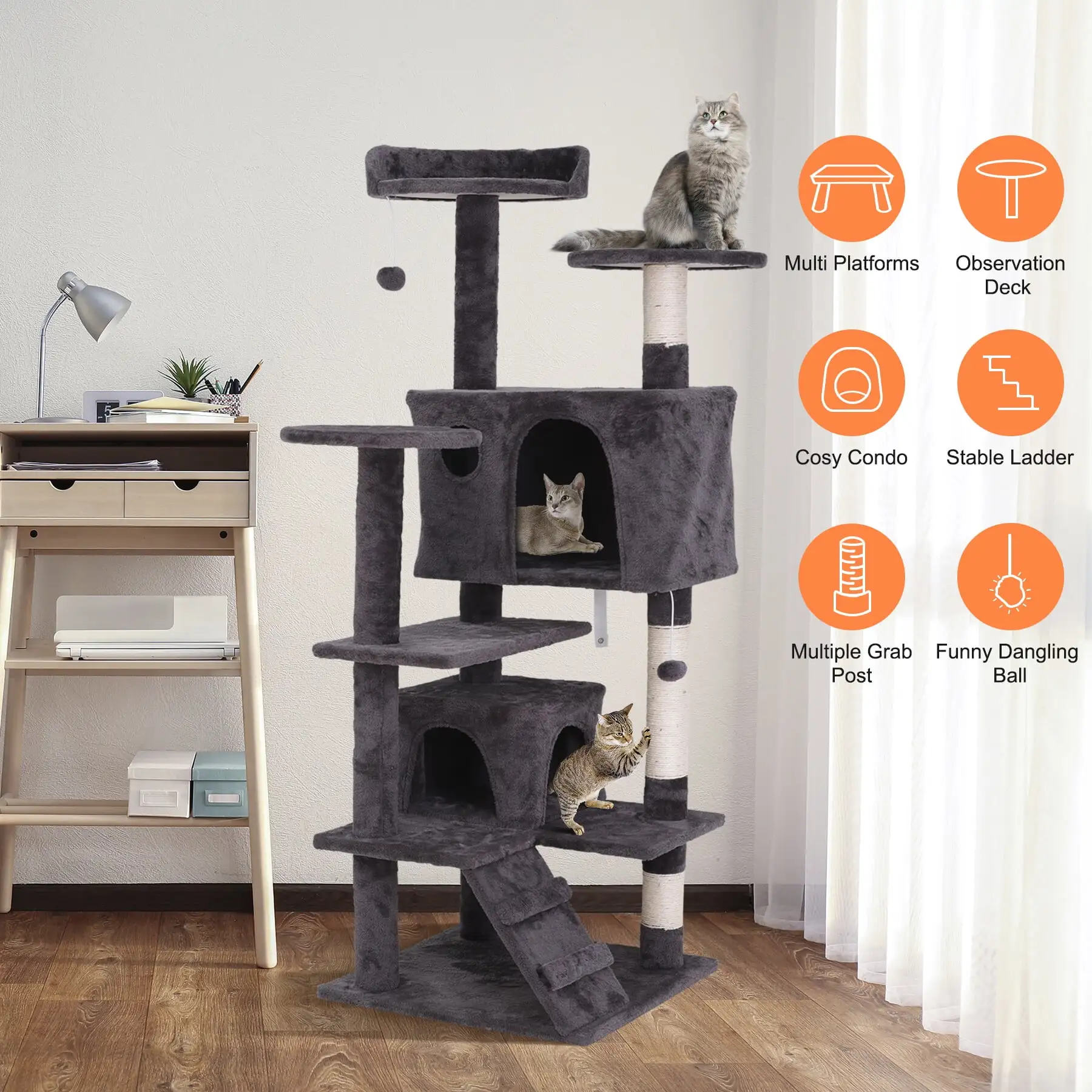 HomGarden 55''H Multi-Level Cat Tree Condo W/Scratching Post Tower & Perch. Play House Dark Gray