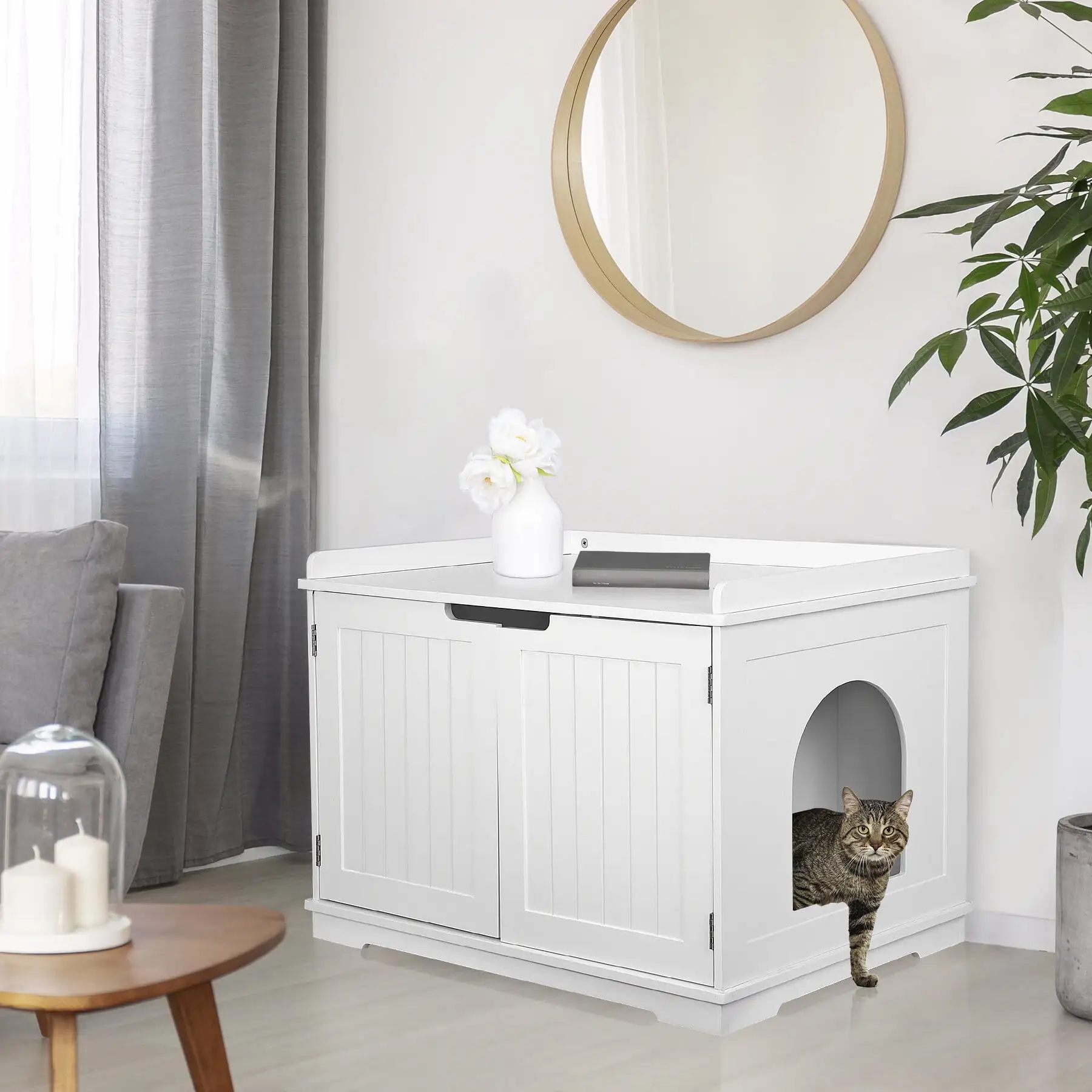 HomGarden Multi-Functional Cat Washroom Bench Hidden Cat Litter Box Enclosure Furniture White