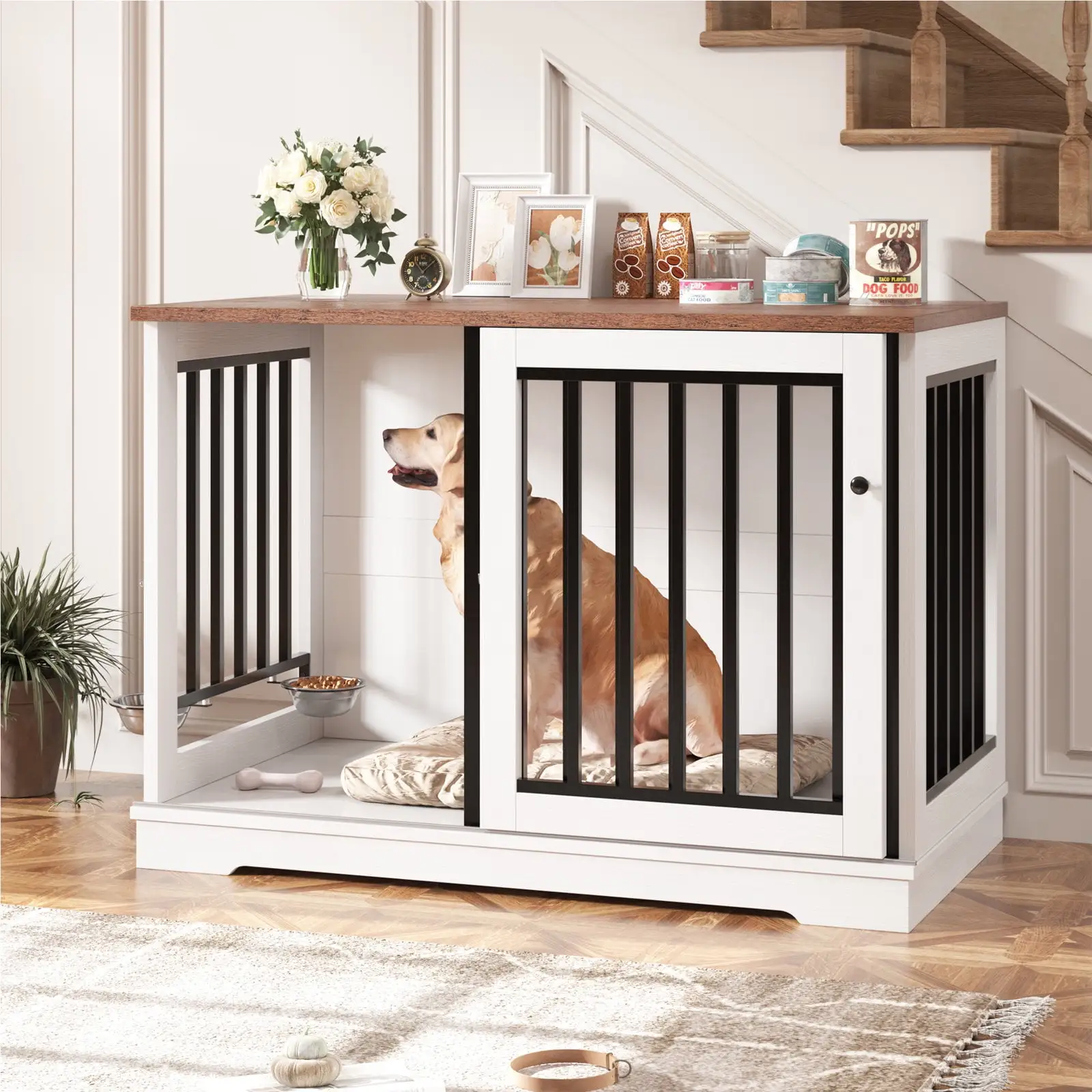 Homfa Dog Crate Furniture. 47.2'' Large Wooden Indoor Dog Cage Table with Sliding & Lockable Doors for Medium Dogs. White&Walnut