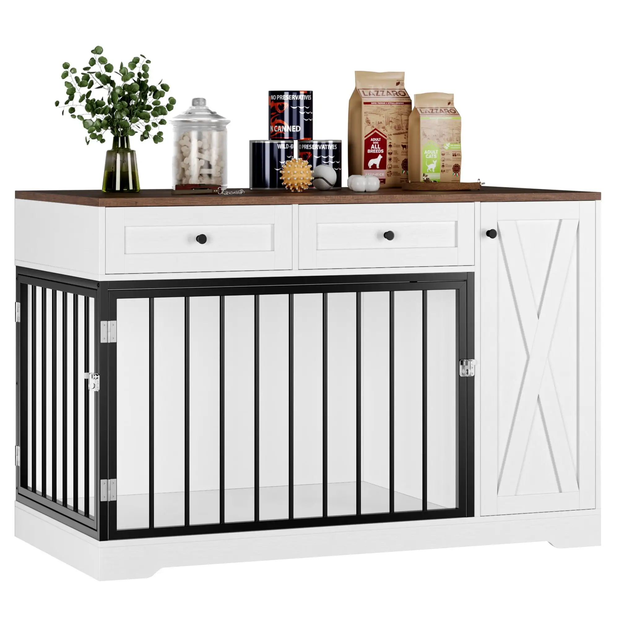 Homfa Puppy Dog Crate with Storage Cabinet and 2 Drawers. Indoor Furniture Style Wooden Large Dog Kennel. White