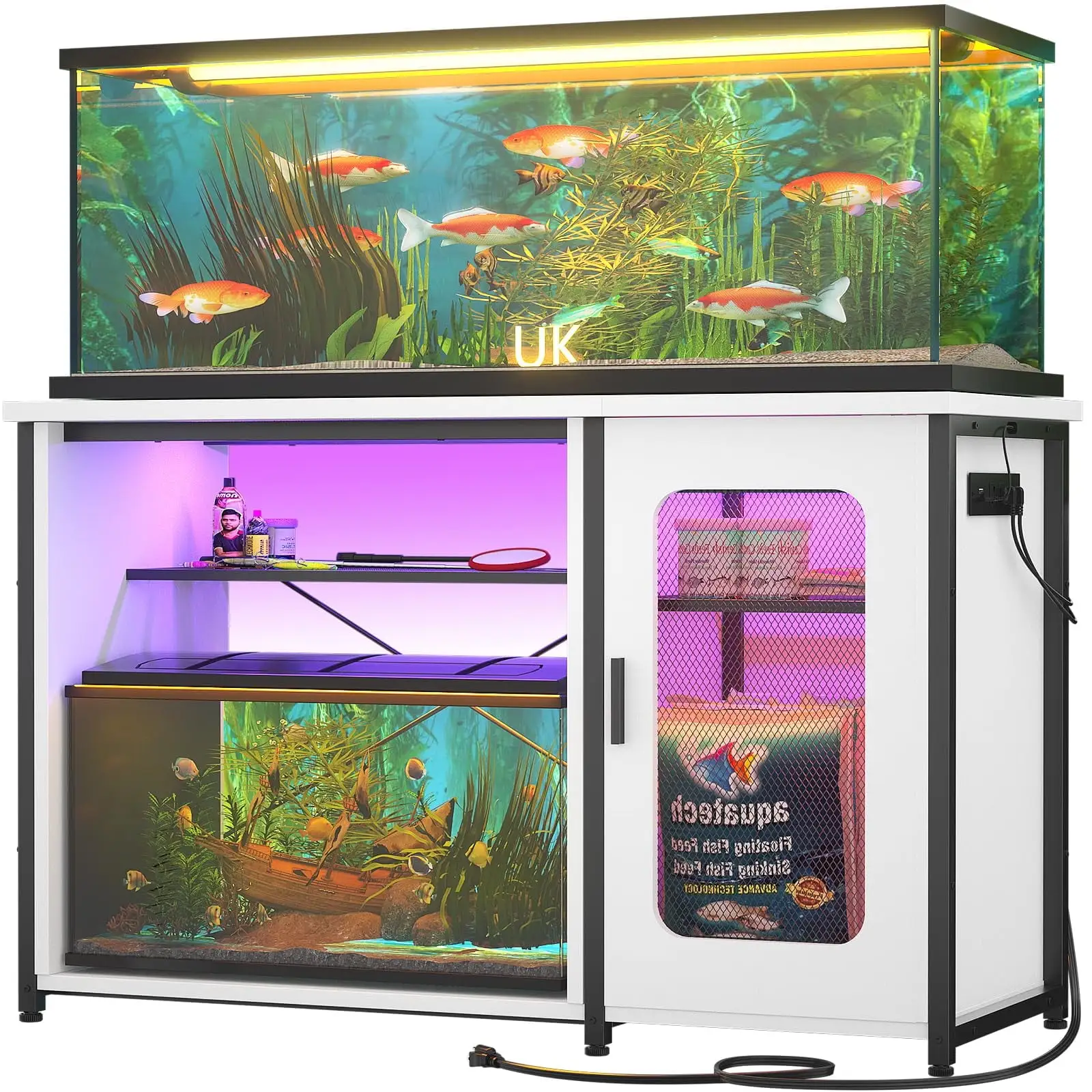 Homieasy 55-75 Gallon Aquarium Stand with Power Outlets & LED Light. Reversible Fish Tank Stand with Cabinet for Fish Tank Accessories Storage. Heavy Duty Metal Frame. 880LBS Capacity. White