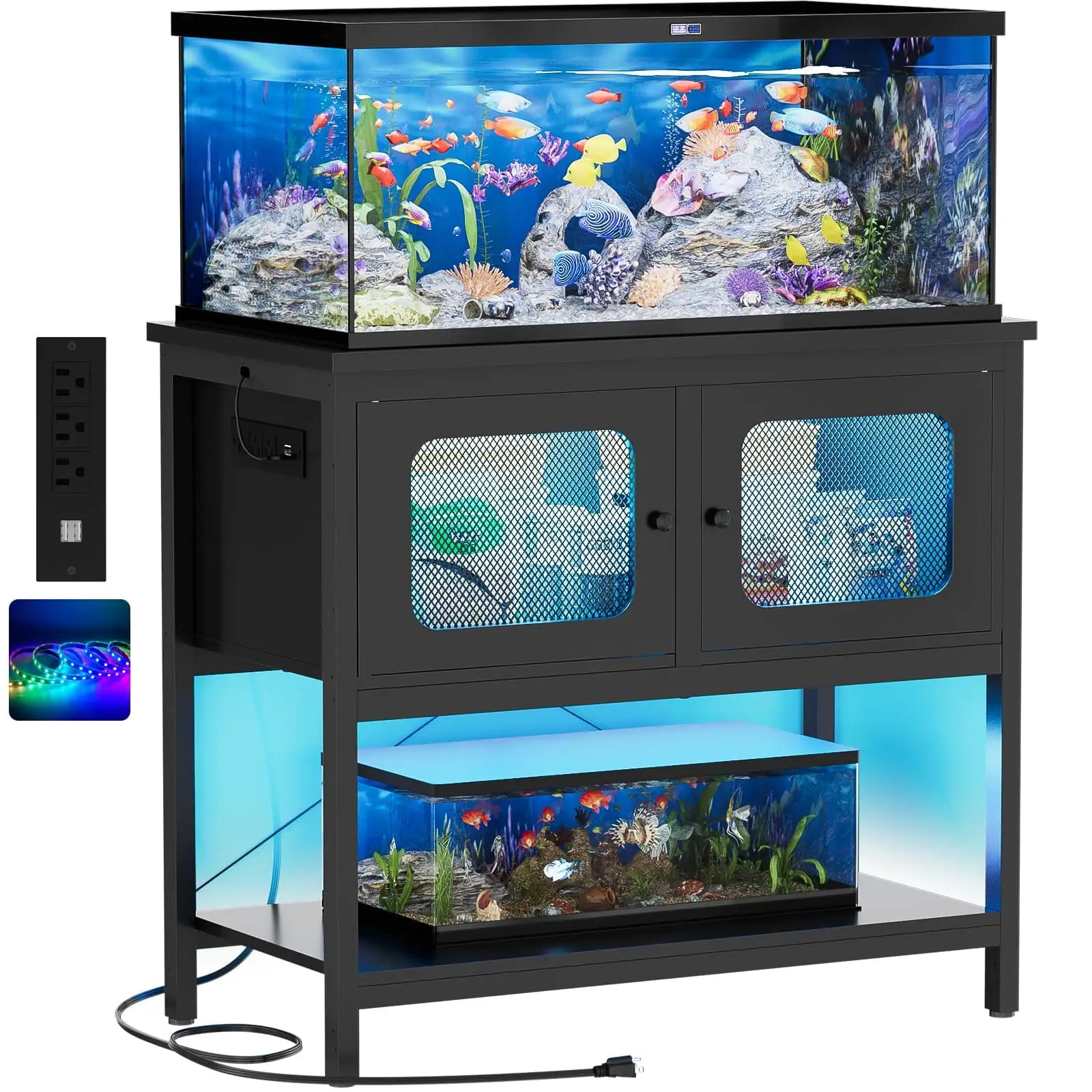 Homieasy Aquarium Stand with LED Light and Sockets. 40-50 Gallon Metal Fish Tank Stand Combo Set with Cabinet and Mesh Door. Reptile Tank Turtle Stand with Accessories Storage. Black