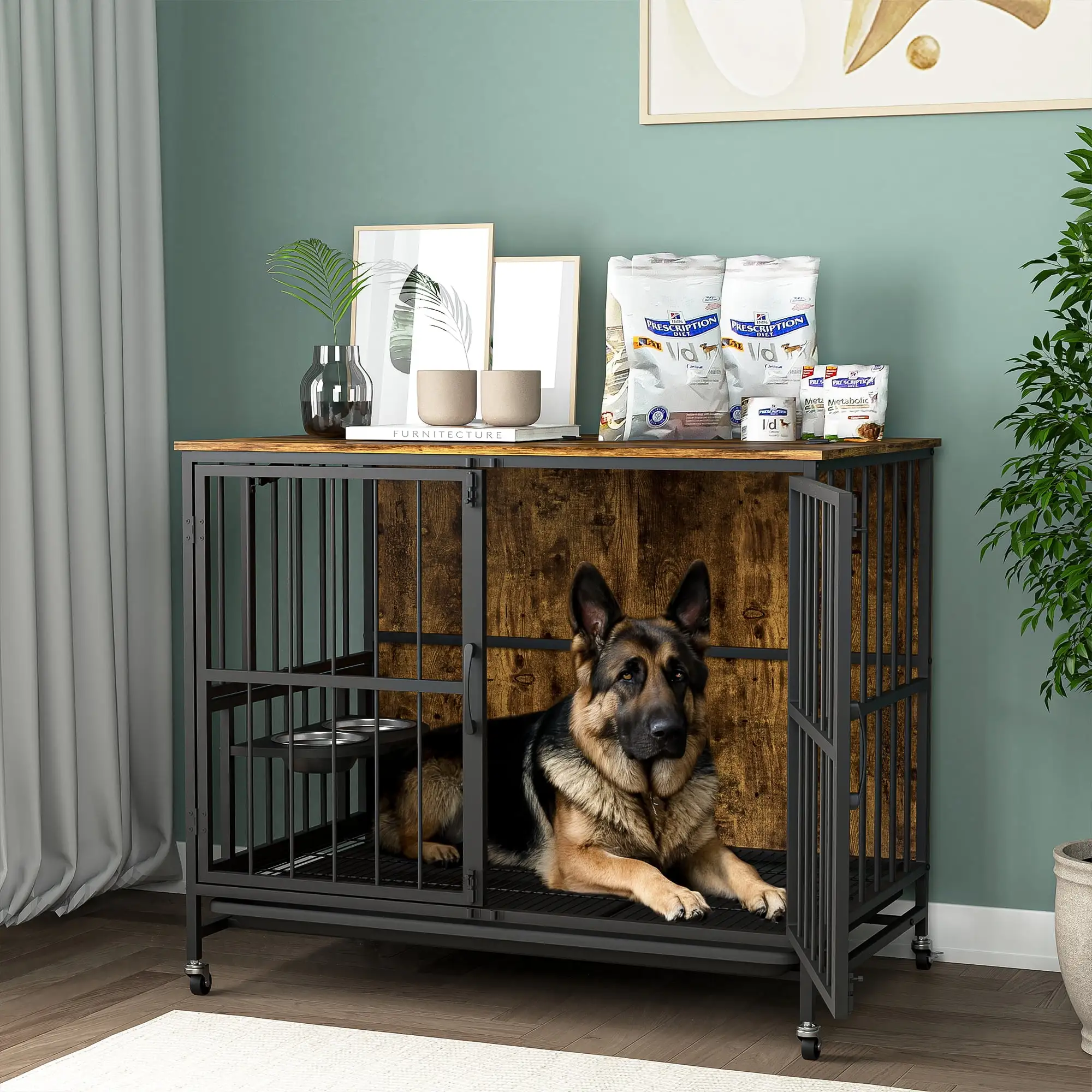 Hommoo Modern Kennel Dogs Room. Double-Door Dog House with Removable Tray. lift Panel. Adjustable Feeding Bowls. Dog Crate Cage for up to 80 LB. Brown