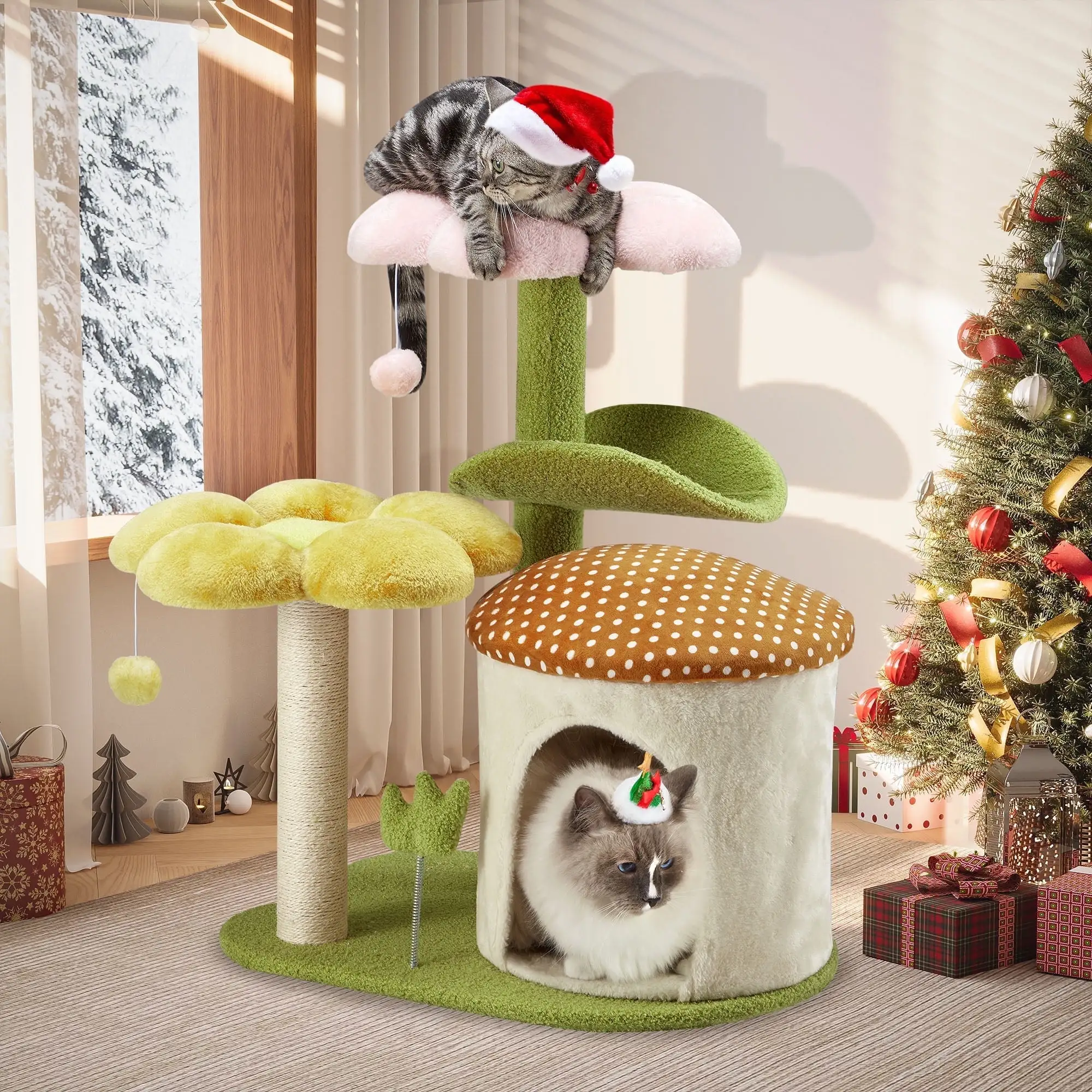 Hommow Cat Tree 29.5. Flower Cat Tower with Scraching Post & Cat Condo for Indoor Cats. Green