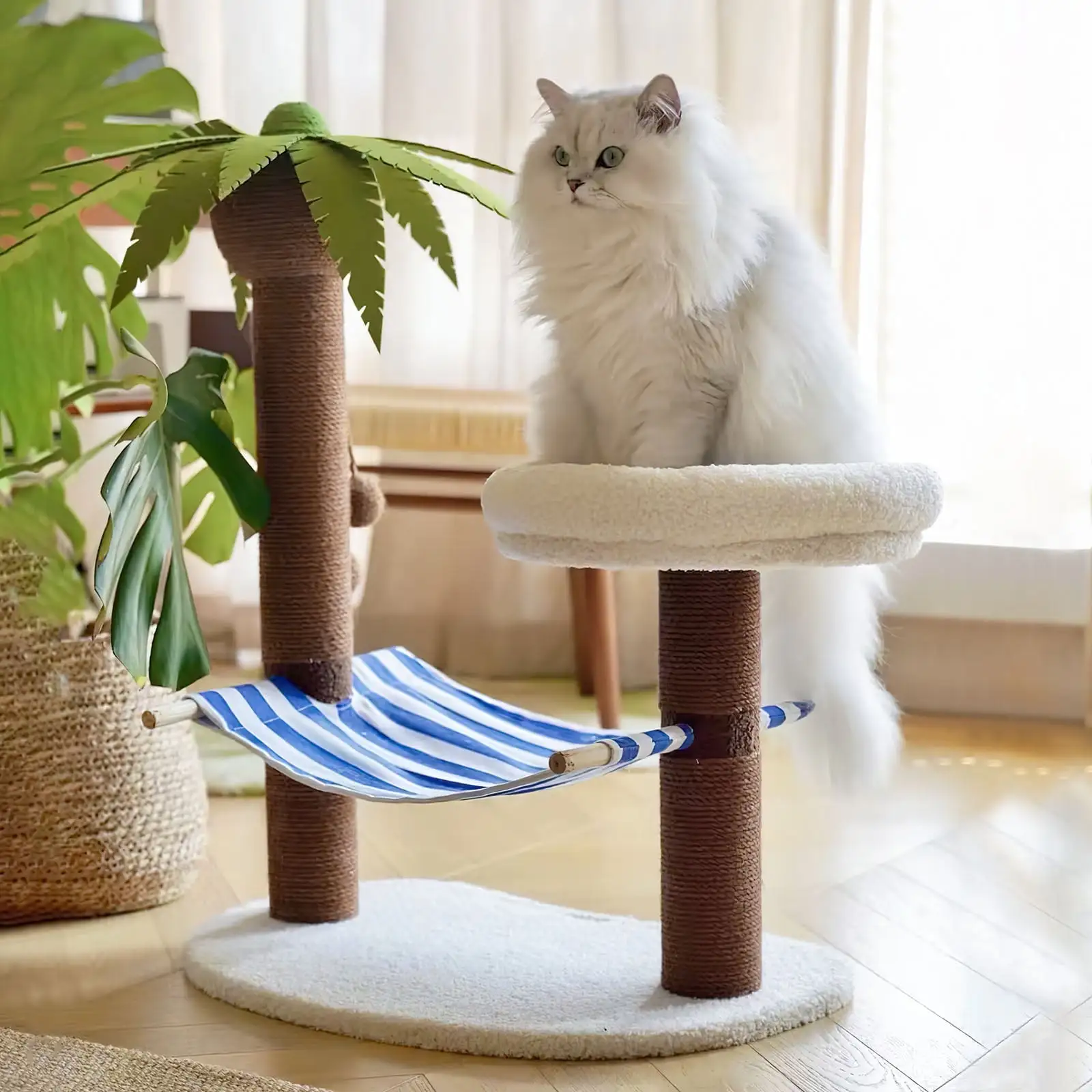 Hommow Cat Tree with Cat Hammock & Perch. Palm Tree Cat Scratching Post for Indoor Cats. Light Brown