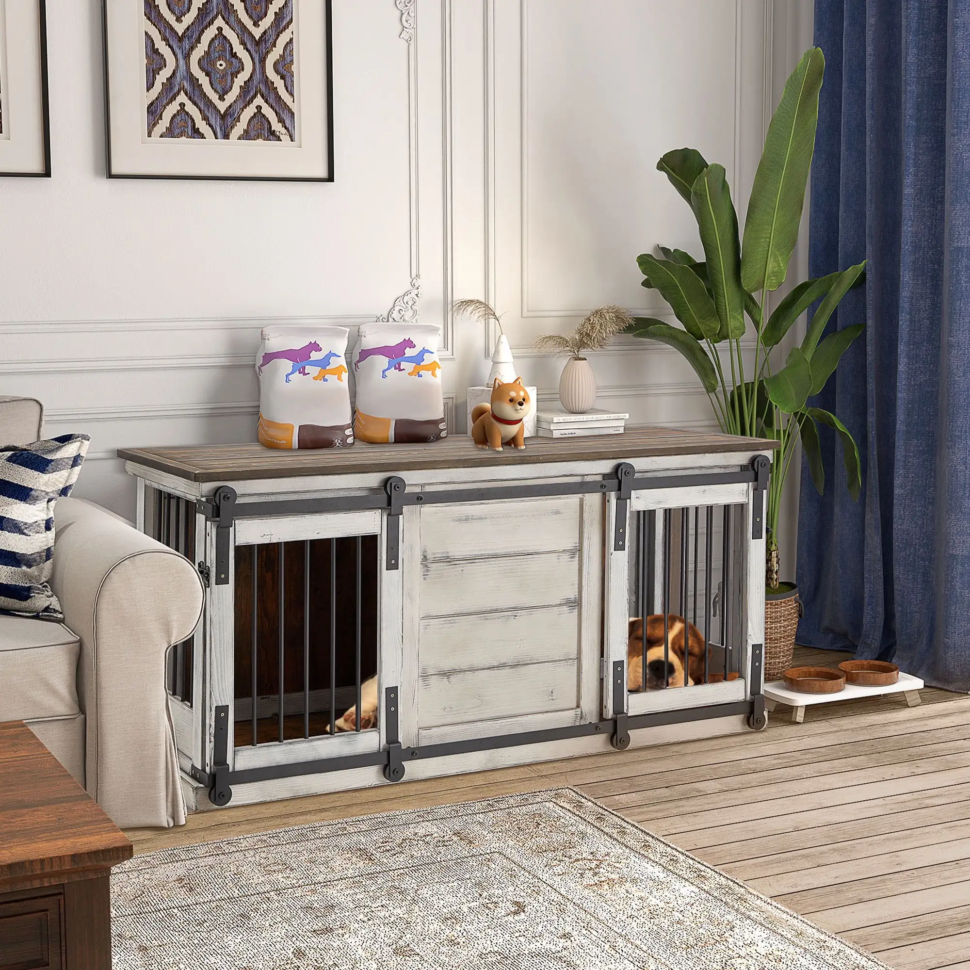 Hommow 62.5 Dog Crate Furniture. Dog kennel TV cabinet with sliding door. Heavy Duty Wooden Dog Cage for X-Large Dog