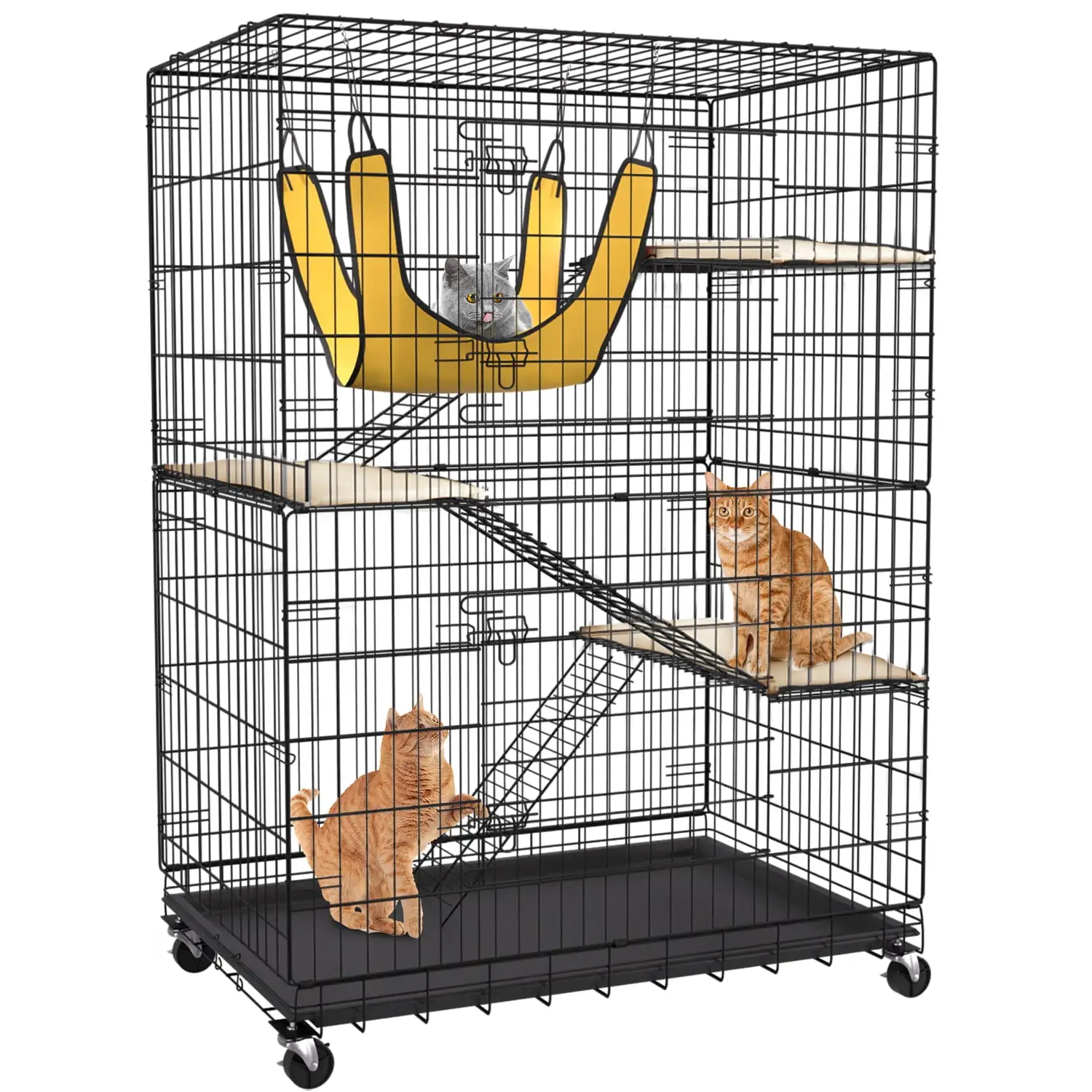 Homy Grigio 4-Tier 48 inch Height Large Cat Cage Cat Crate Cat Kennel Rat Ferret Cage Outdoor Cat Enclosures with Free Hammock 3 Cat Bed 2 Ramp Ladders Perching Shelves for Indoor Kitten(Black)