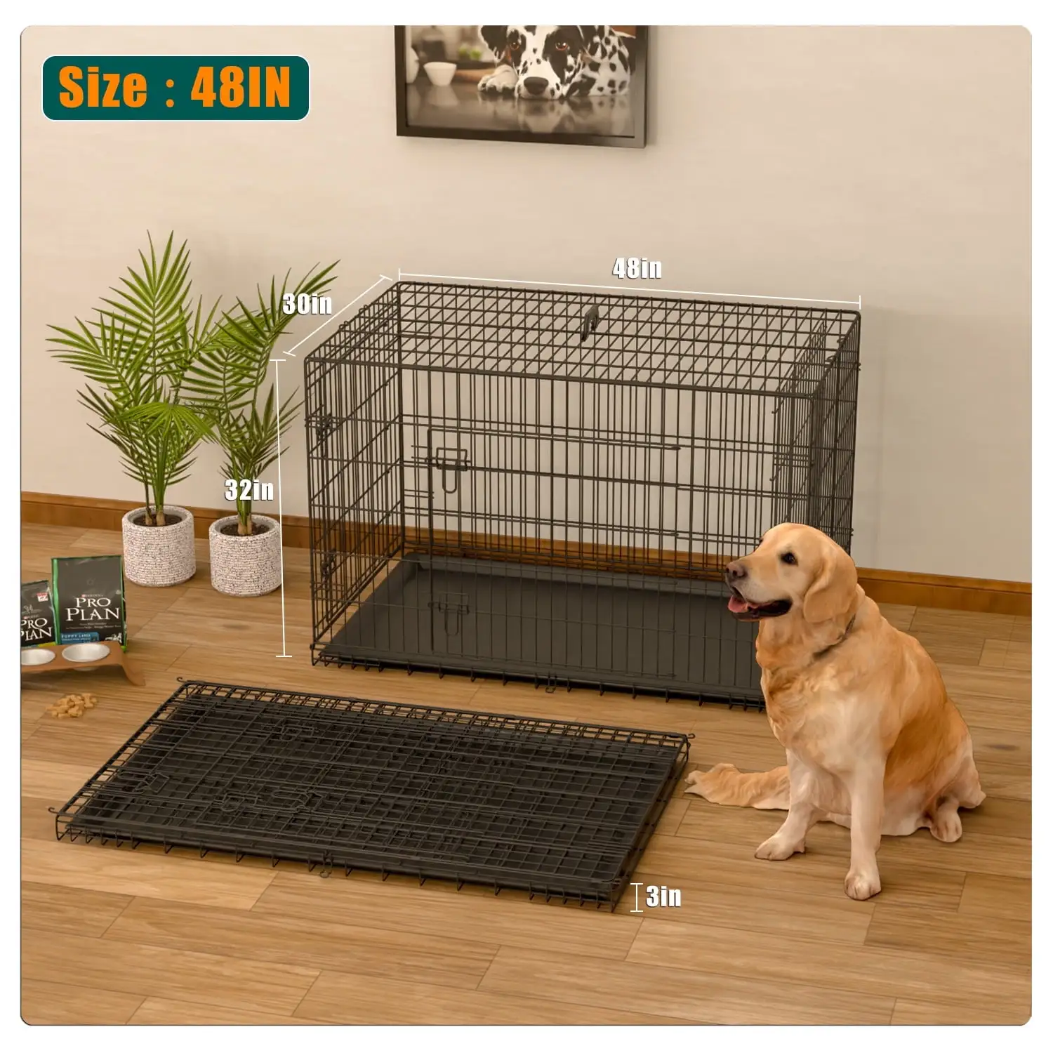 Homy Grigio 48 inch Dog Crate for Large Dogs. Dog Cage XXL Folding Wire Dog Crates Dog Kennels Outdoor and Indoor Pet Dog Cage with Double-Door Divider Removable Tray