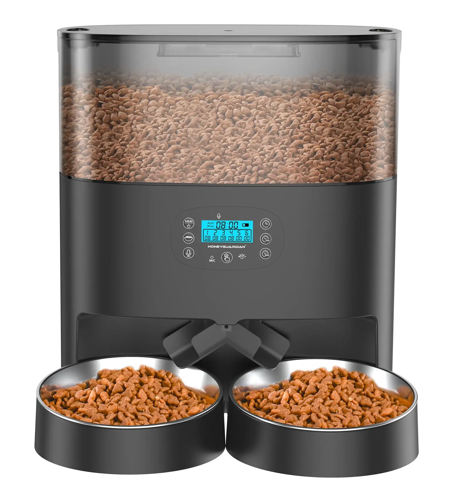 HoneyGuaridan 6L Automatic Cat Feeder for 2 Pets. Pet Food Dispenser for Cat and Dog with Desiccant Box. Timer Feeder Portion Control 1-6 Meals per Day. Dual Power Supply. Voice Recorder