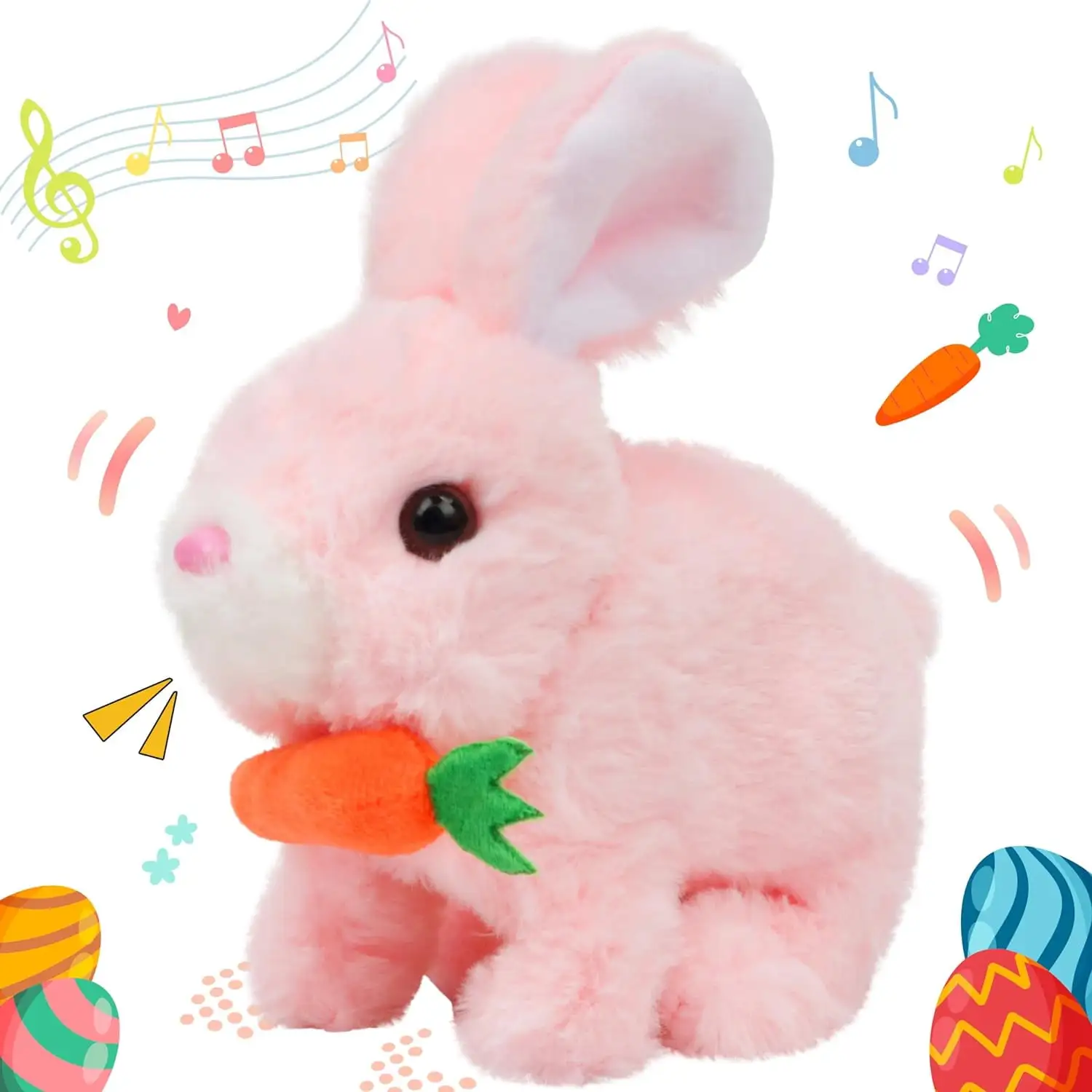 Hopping Rabbit with Carrot Interactive Electronic Pet Plush Bunny Toy with Sounds and Movements Animated Walking Wiggle Ears Twitch Nose Gift for Toddlers Birthday. Pink. 7''