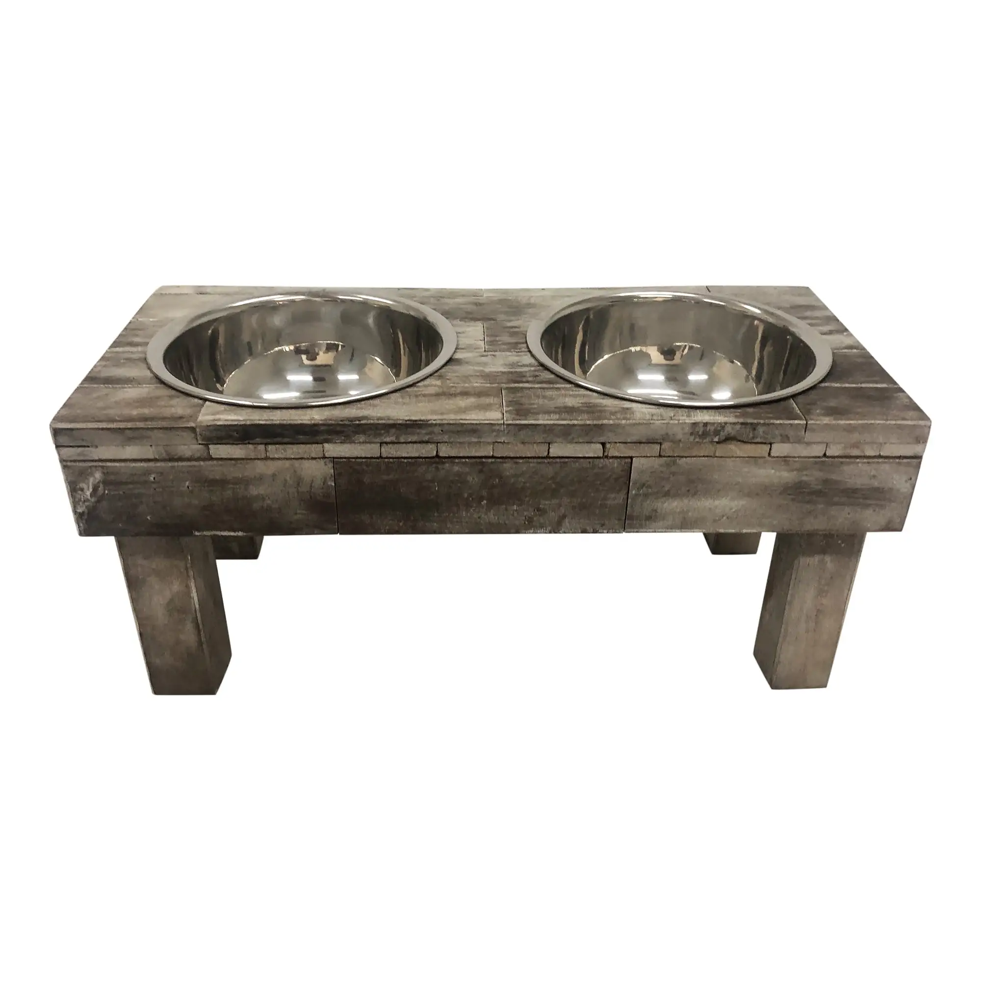 Huntley Pet Berjen Table Elevated Double Bowl Pet Feeder. Brown Wash (Large)