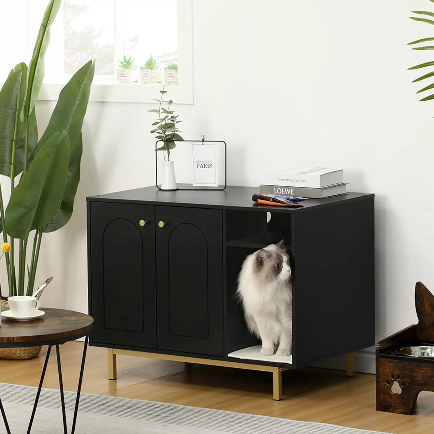 Hzuaneri Cat Litter Box Enclosure. Modern Litter Box Furniture. Wooden Pet House. Black CB01504G