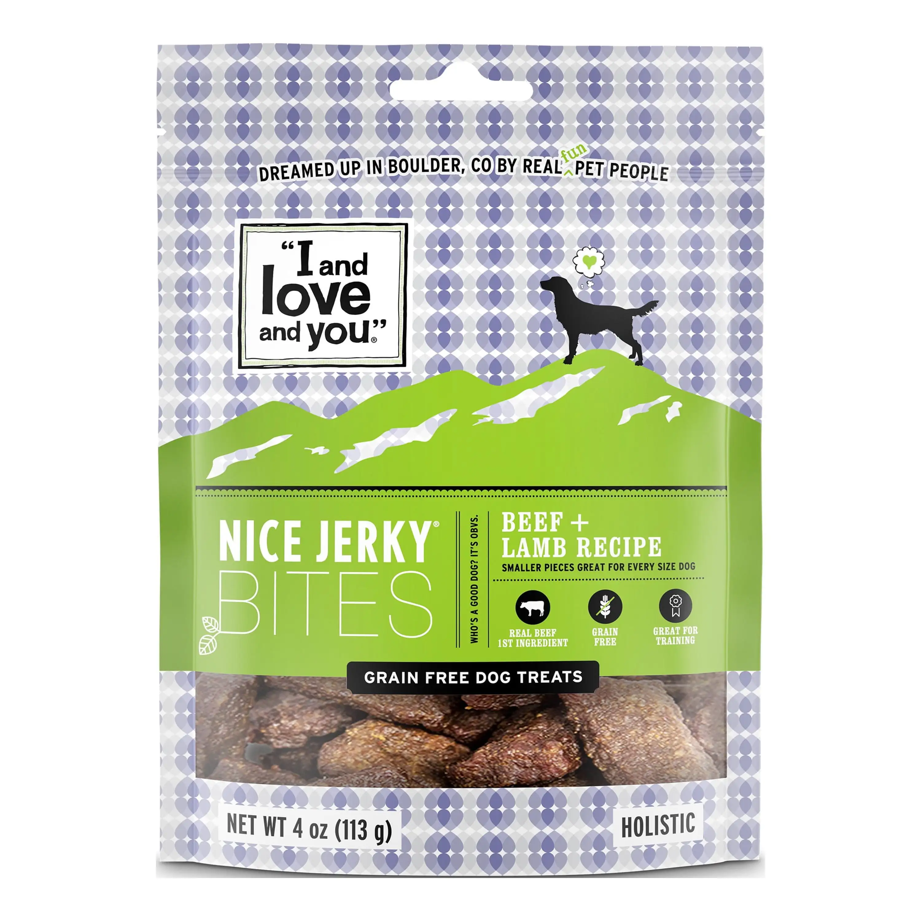 I and love and you Nice Jerky Bites Dog Treats. Grain-Free Beef + Lamb. 4 Oz